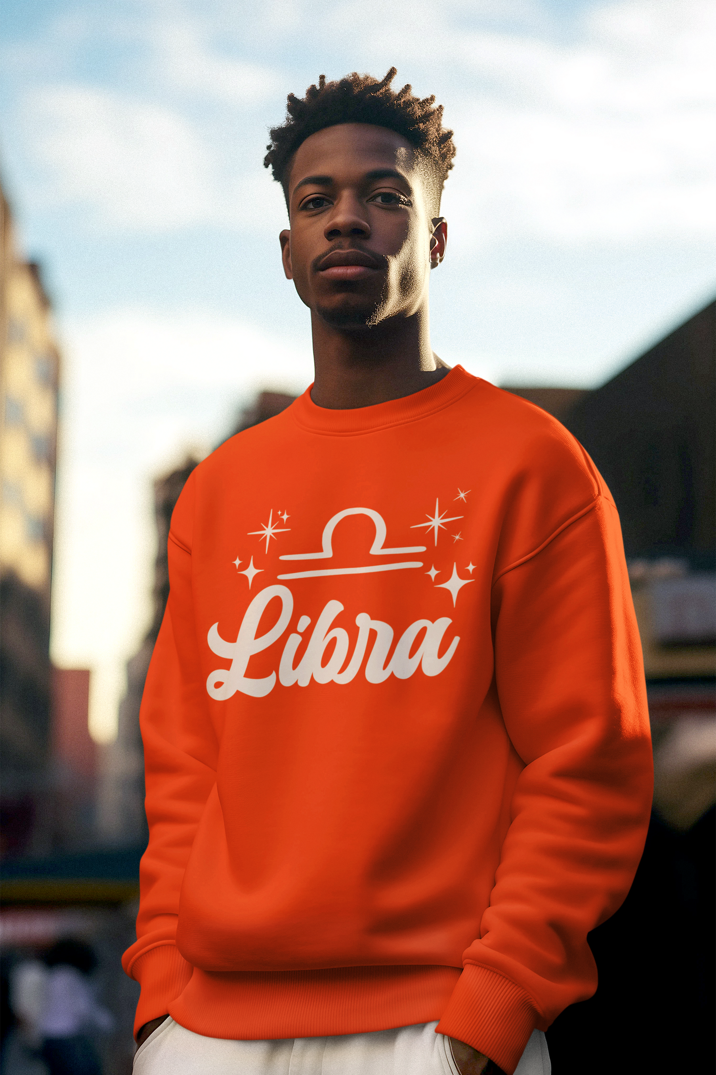 Person wearing a orange sweatshirt with 'Libra' white text design outdoors