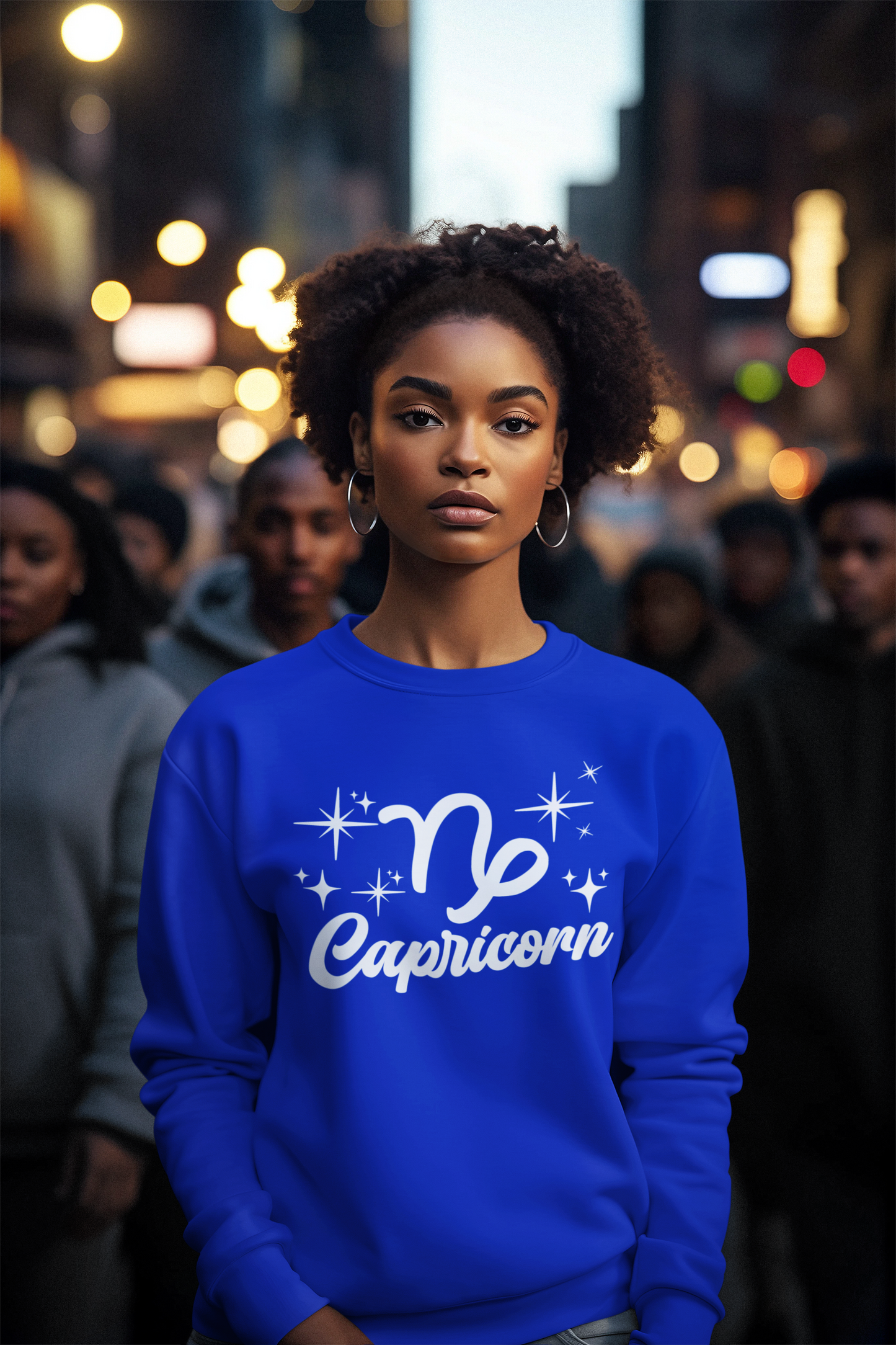 Person wearing a blue 'Capricorn' white text design sweatshirt in a city street setting