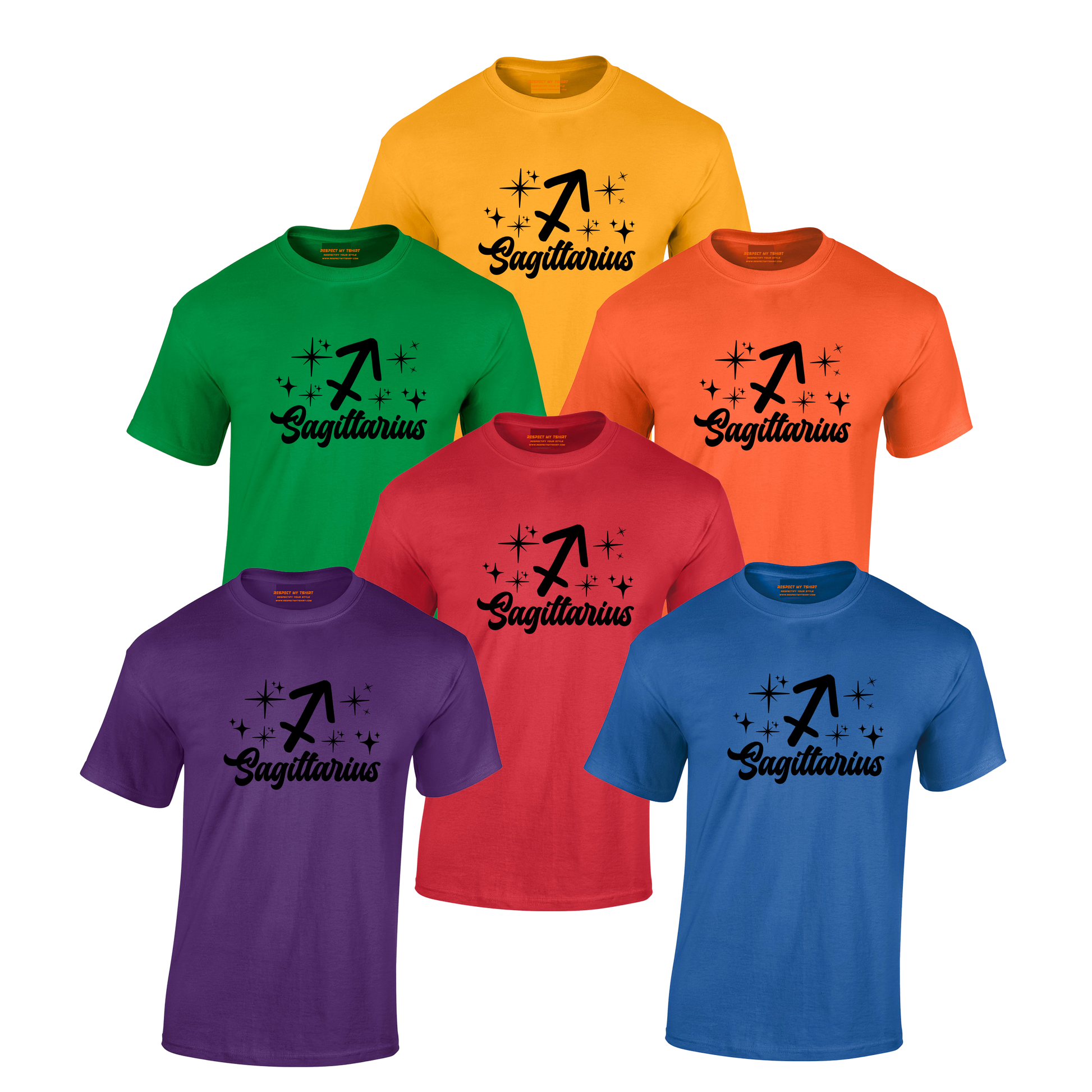 Set of six T-shirts in different colors with 'Sagittarius' black text design 