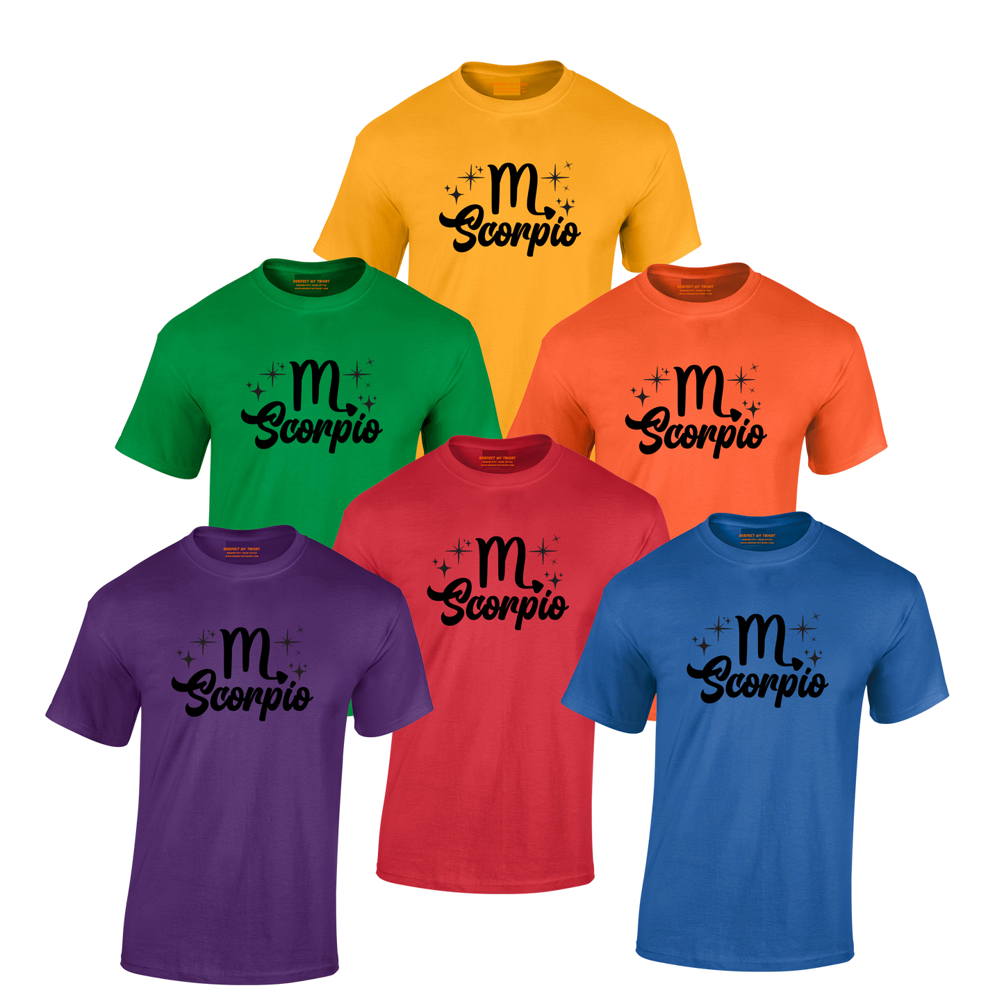 Set of six t-shirts in different colors with 'Scorpio' black text design.