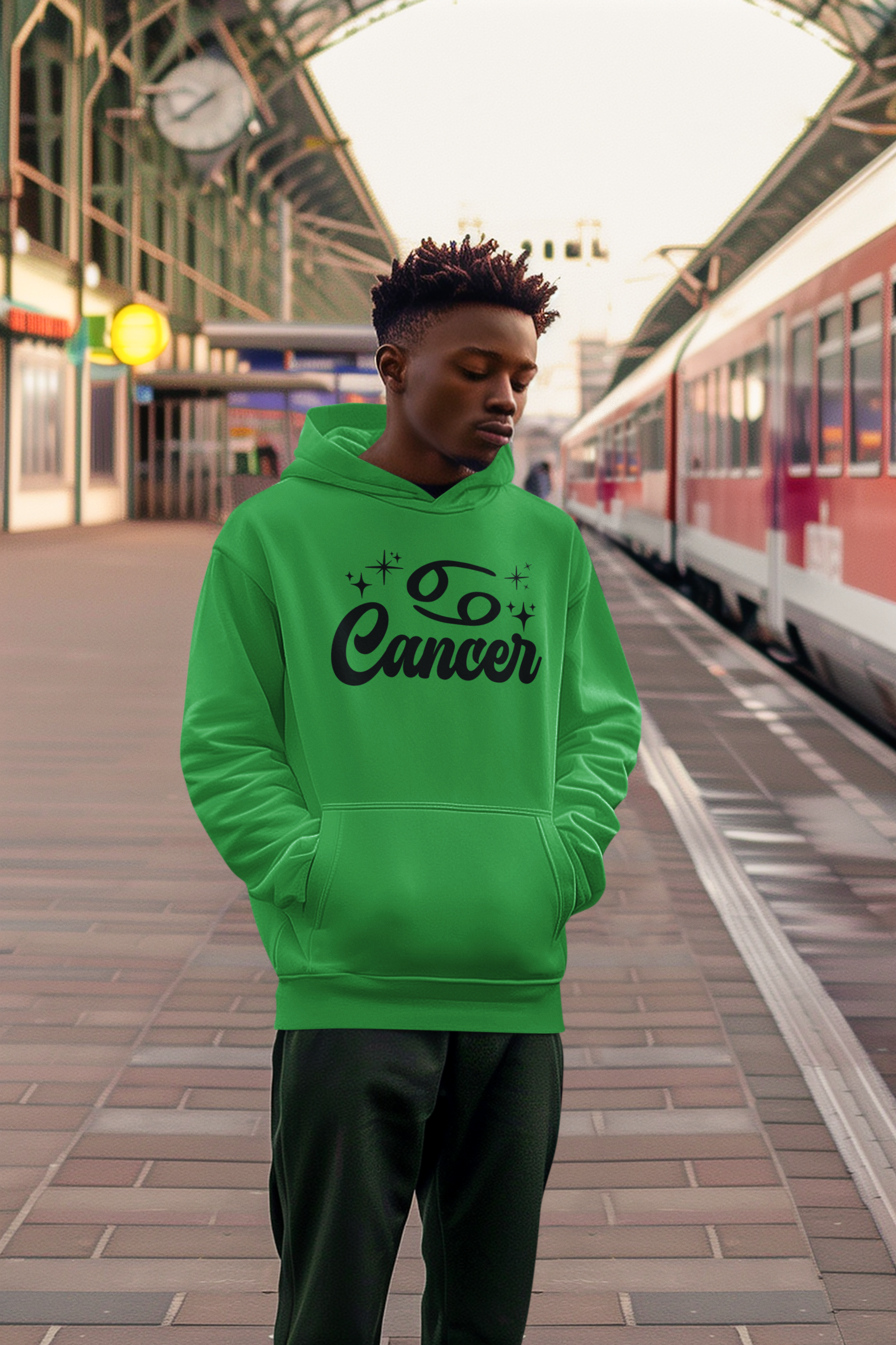 Person wearing an green hoodie with 'Leo Cancer' black text at a train station.