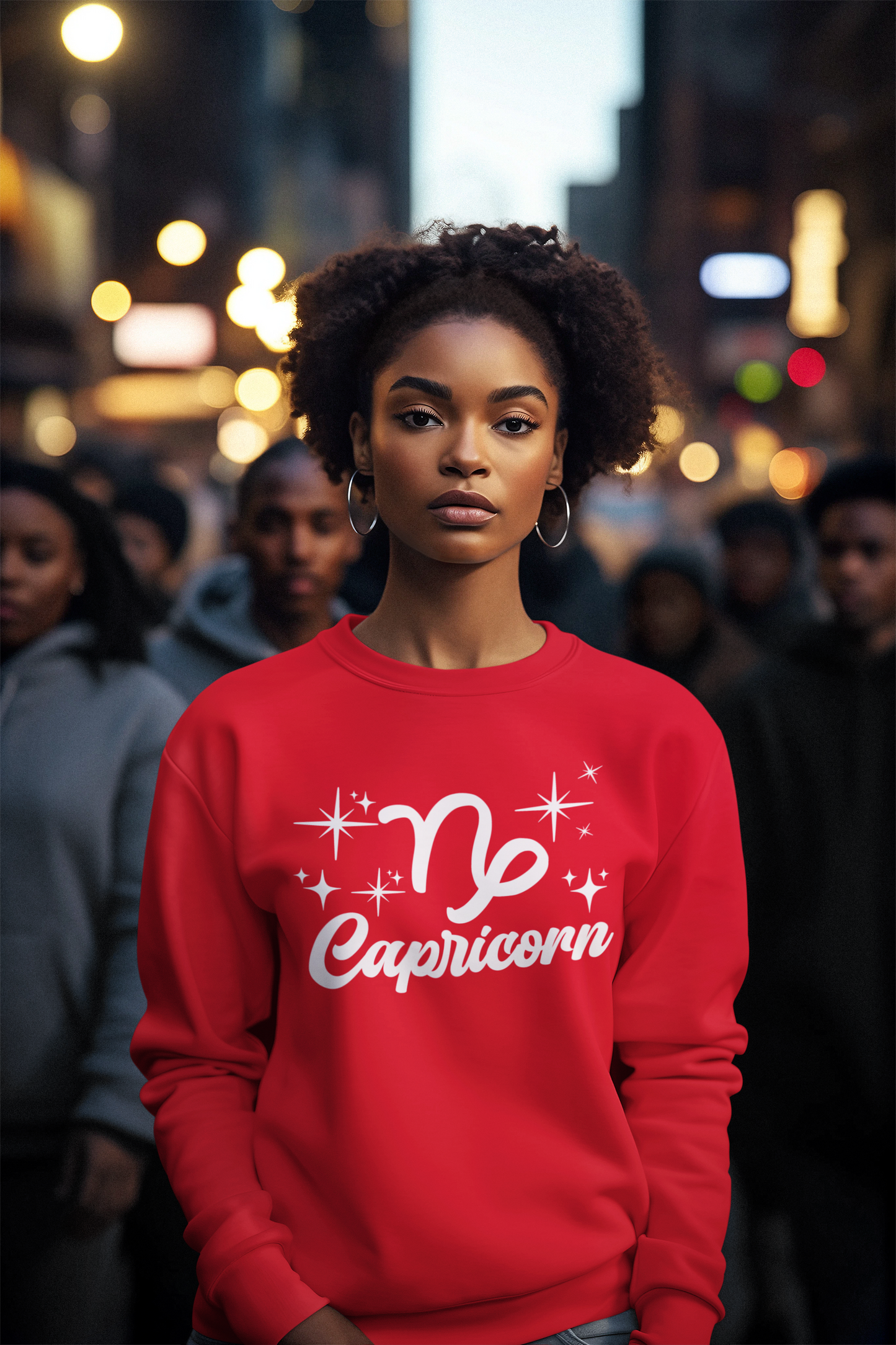 Person wearing a red 'Capricorn' white text design sweatshirt in a city street setting