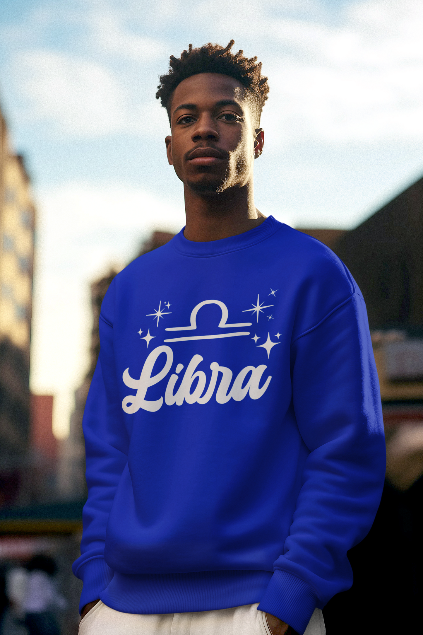Person wearing a blue sweatshirt with 'Libra' white text design outdoors