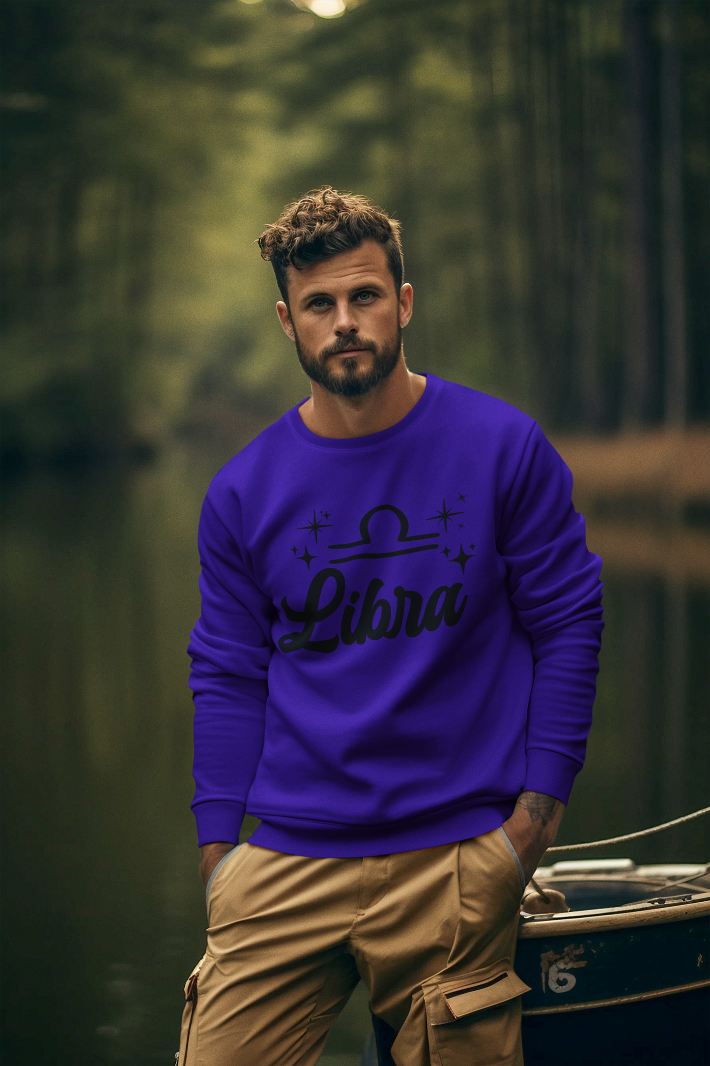 Man wearing a purple 'Libra' black text design sweatshirt in a lake setting