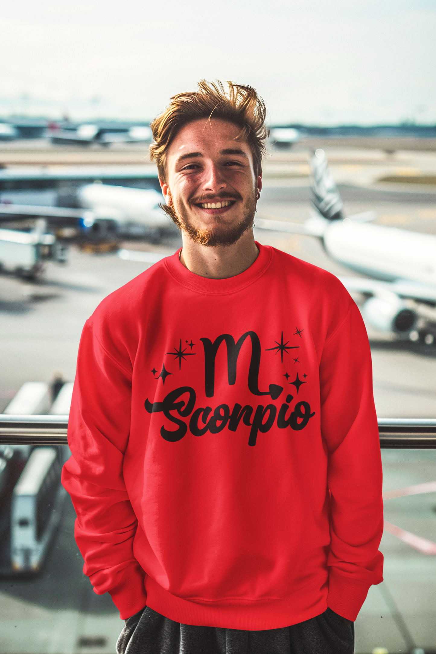Man wearing a red sweatshirt with 'Scorpio' black text design at an airport.
