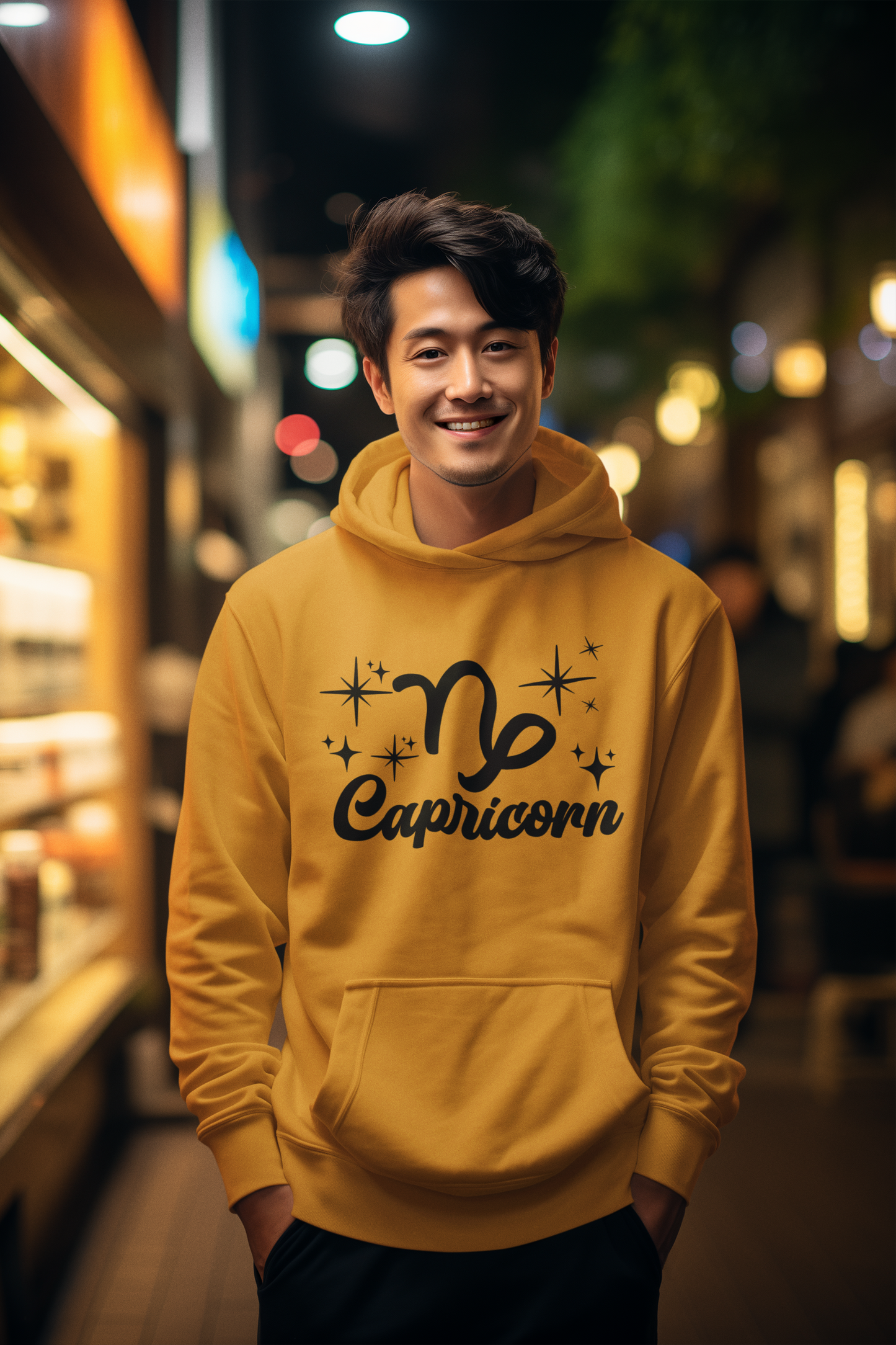 Person wearing a gold hoodie with 'Capricorn' black text design in an urban night setting
