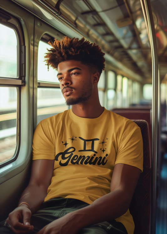 Man wearing a gold 'Gemini' black text design t-shirt on a train