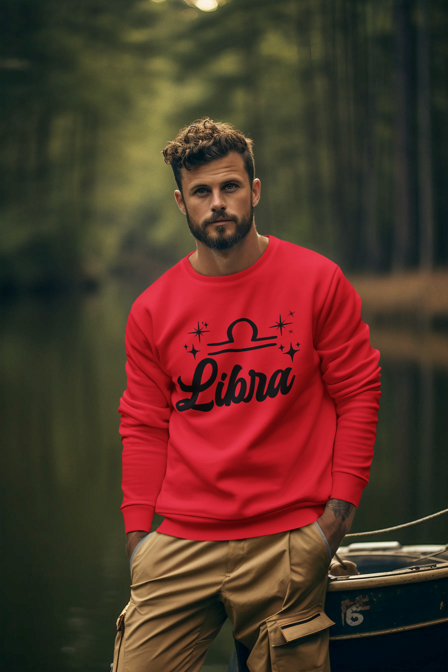 Man wearing a red 'Libra' black text design sweatshirt in a lake setting