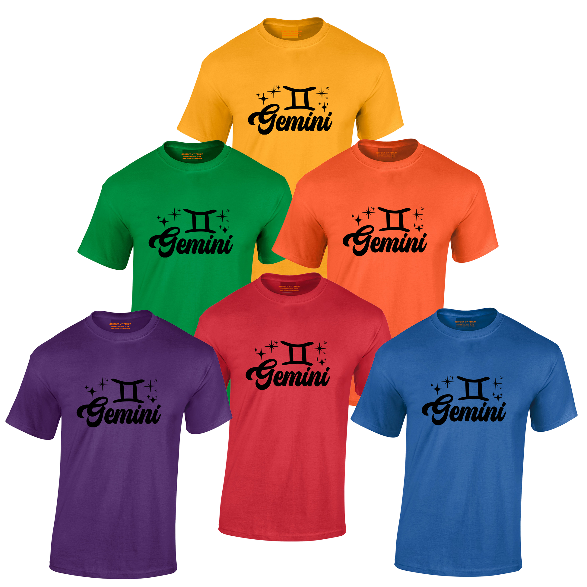 Set of six t-shirts in different colors with 'Gemini' black text design 