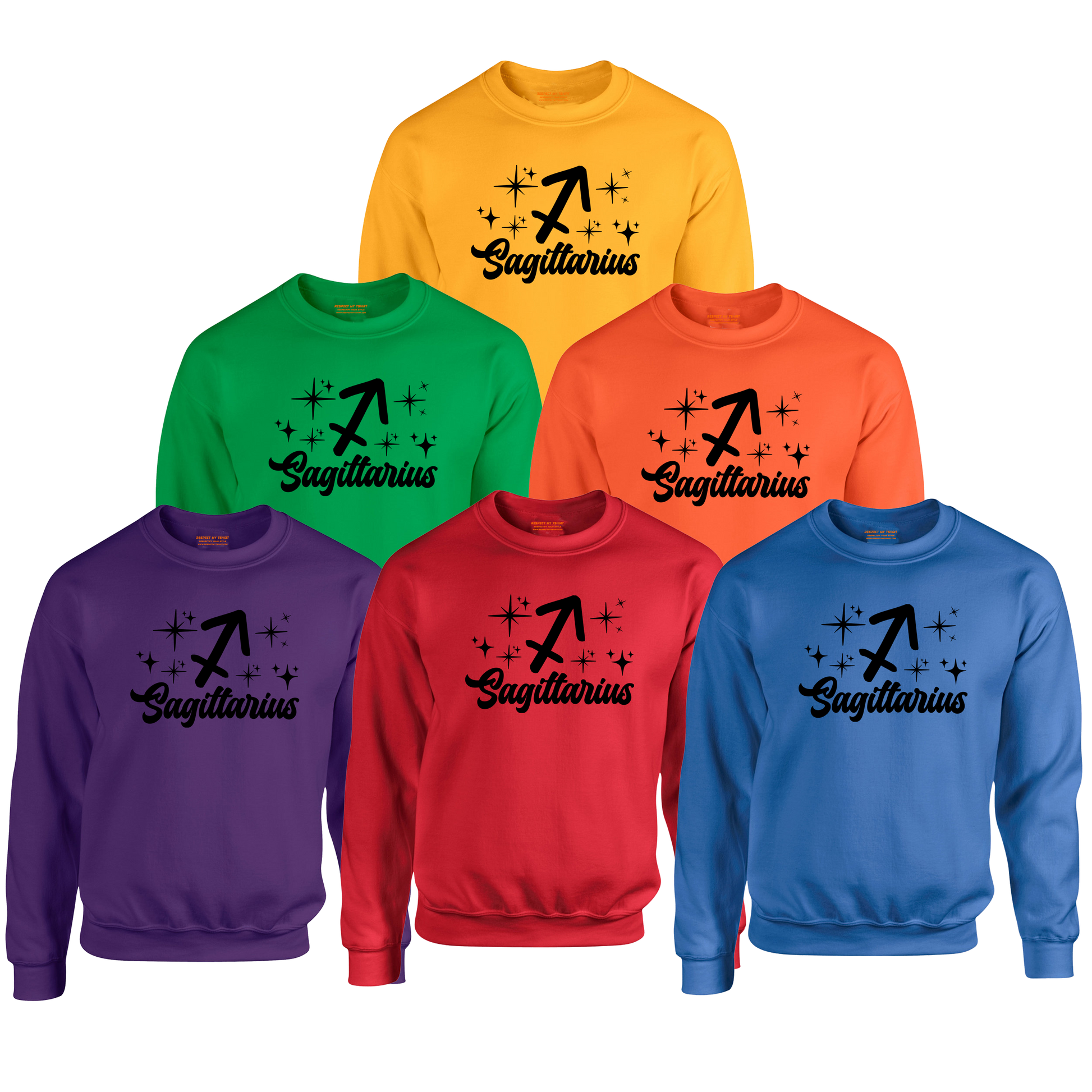 Set of six sweatshirts in different colors with 'Sagittarius' black text design 