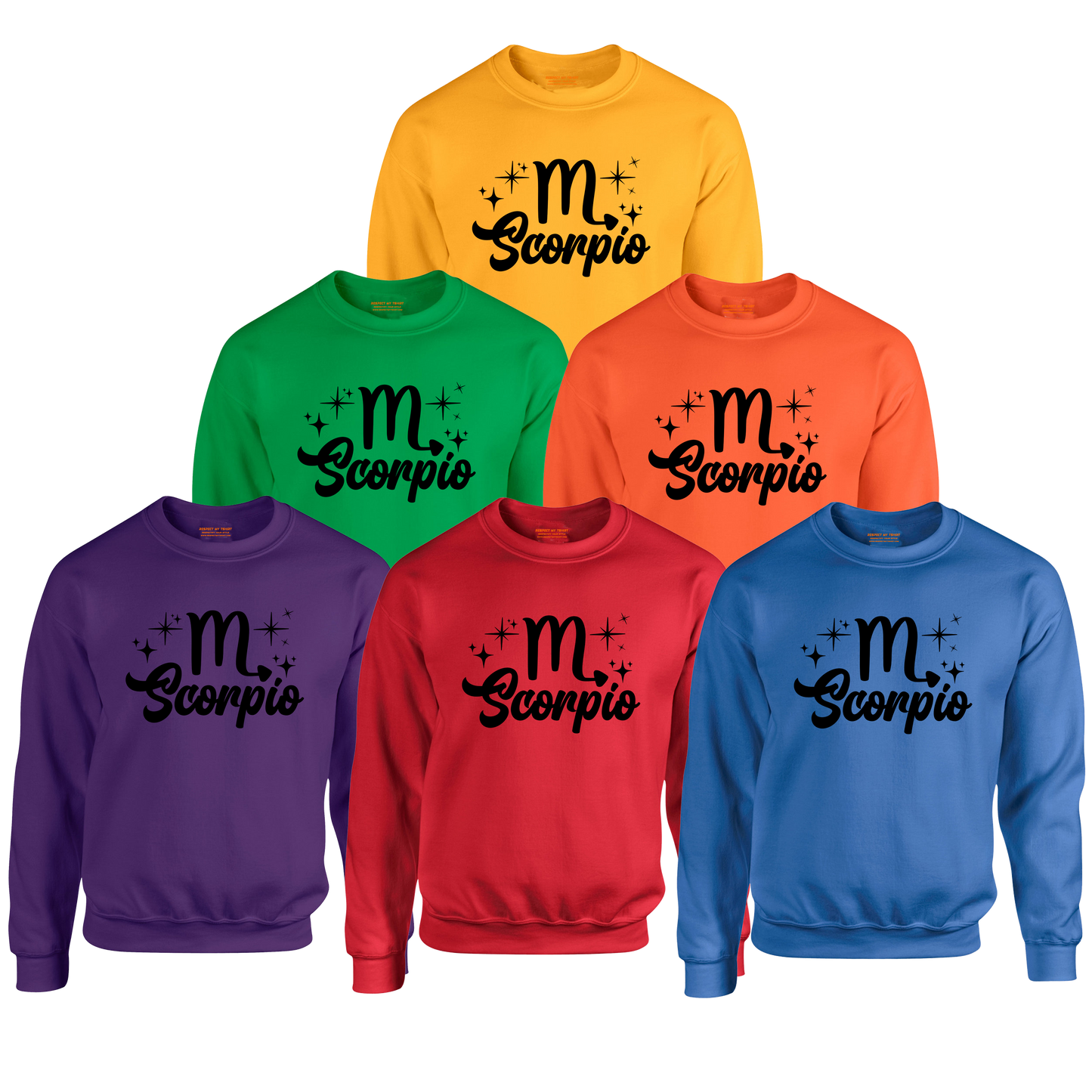 Set of six sweatshirts in different colors with 'Scorpio' black text design
