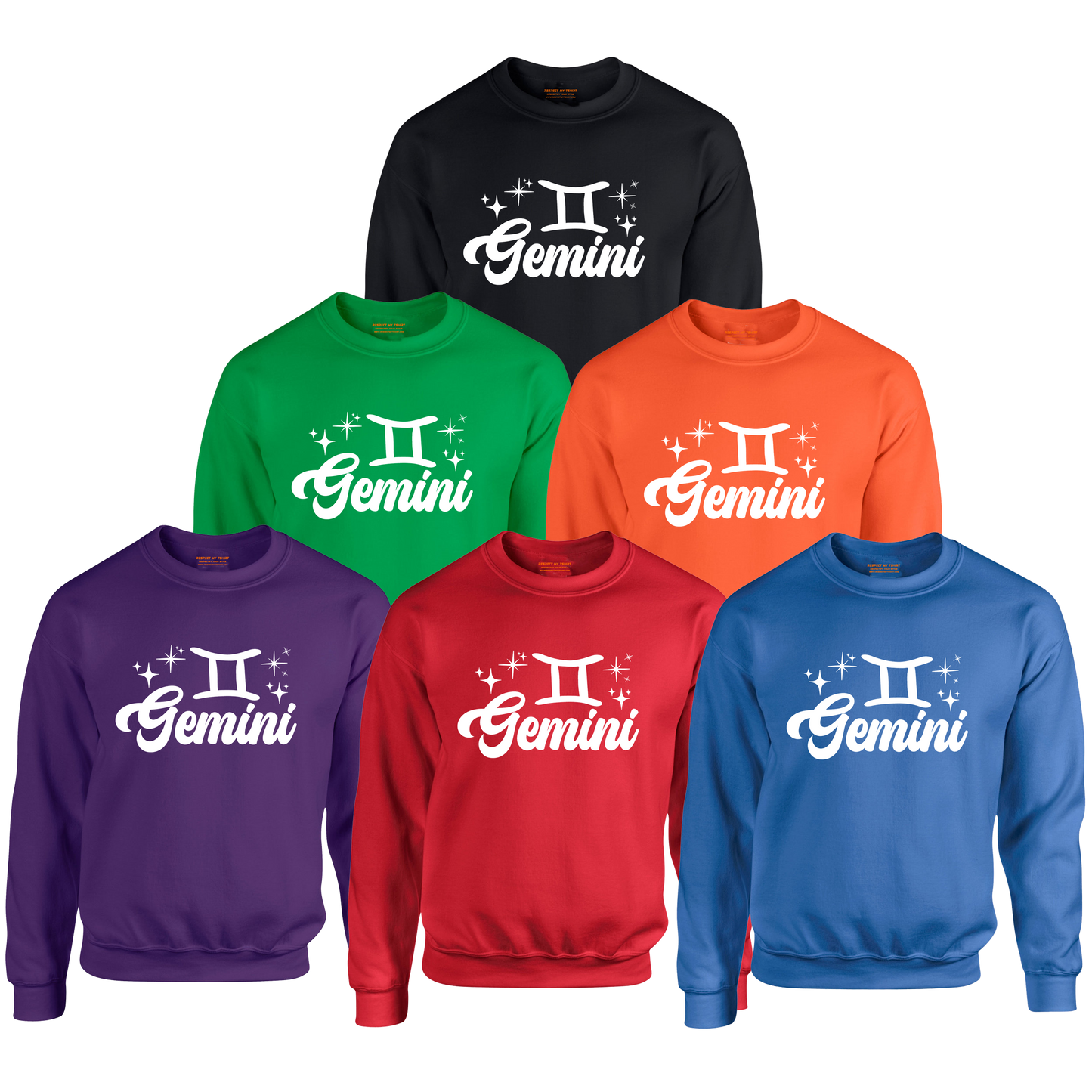 Set of six sweatshirts in different colors with 'Gemini' white text design