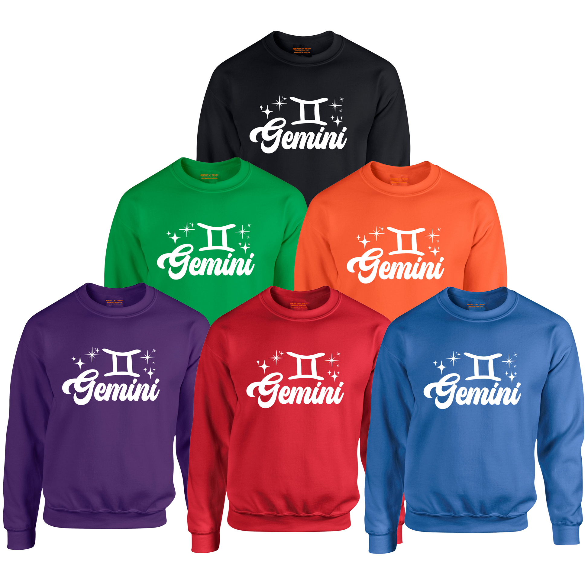Set of six sweatshirts in different colors with 'Gemini' white text design