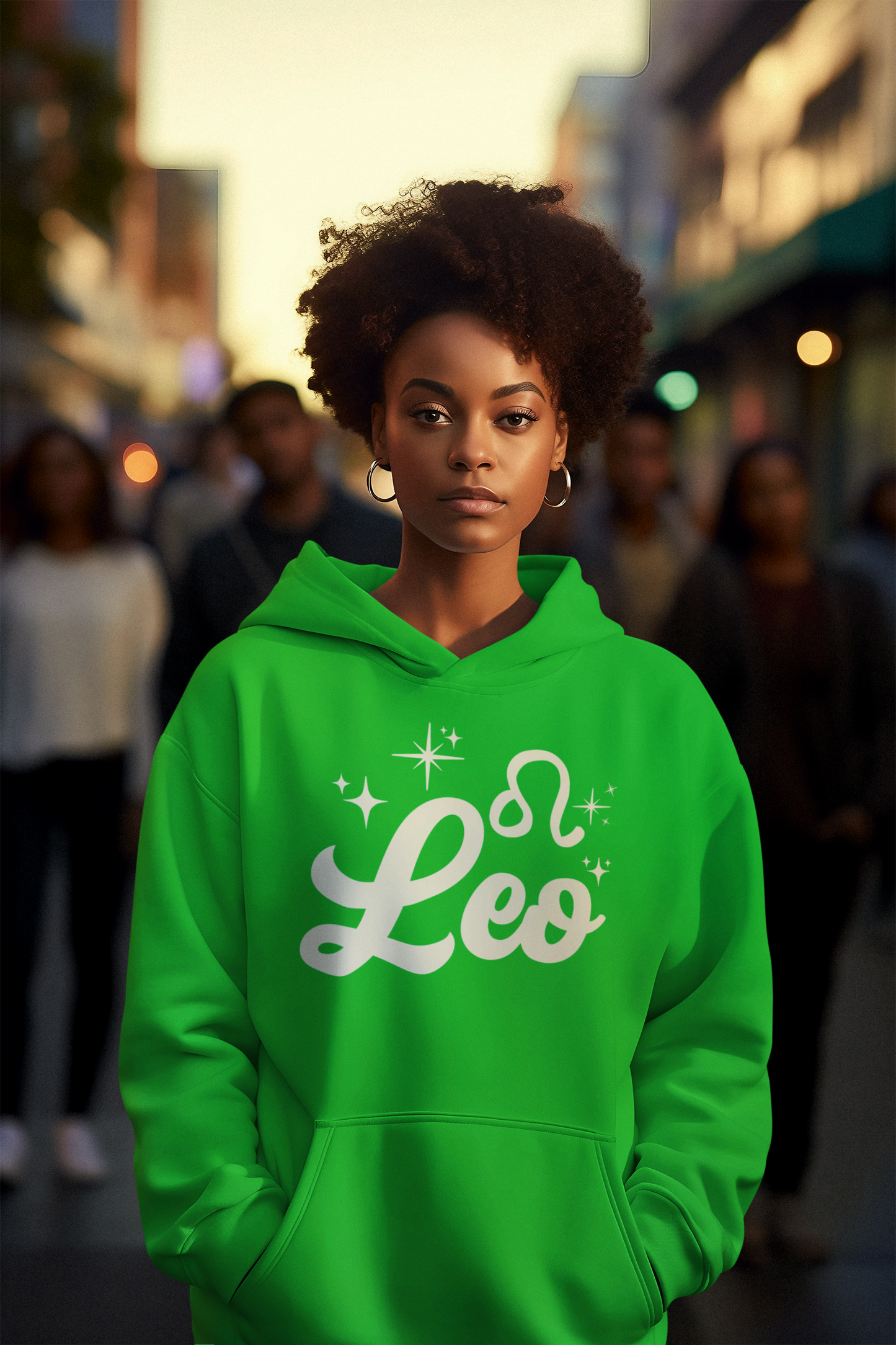 Person wearing a green hoodie with 'Leo' white text design, standing in a city street.