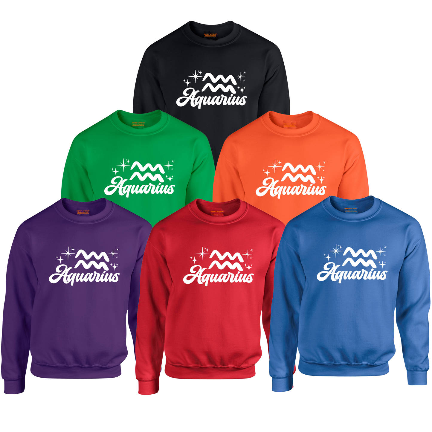 Set of six sweatshirts in different colors with 'Aquarius' white text and symbol.
