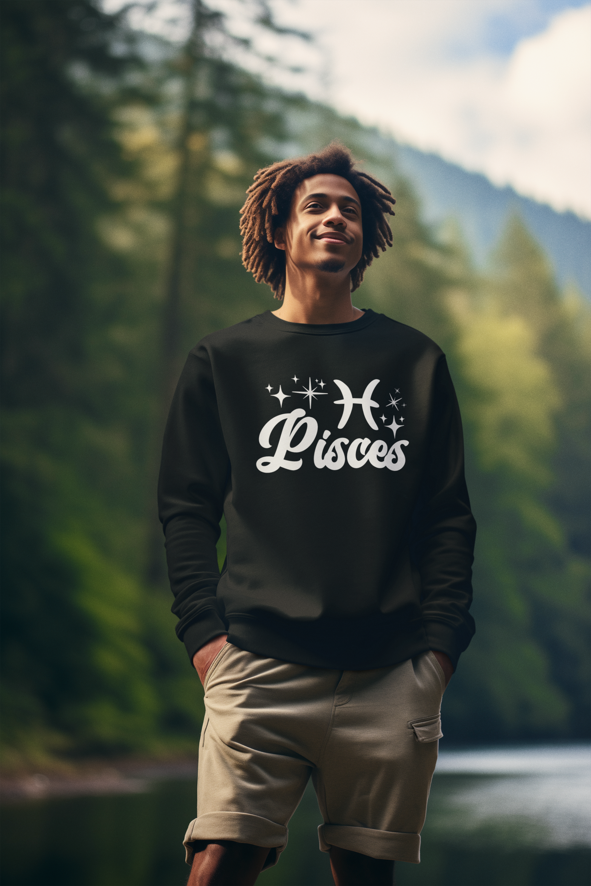 Person wearing an black 'Pisces' white text design sweatshirt in a forest setting
