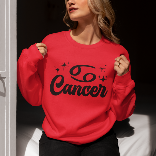 Person wearing a red sweatshirt with 'Cancer' black text, sitting indoors.