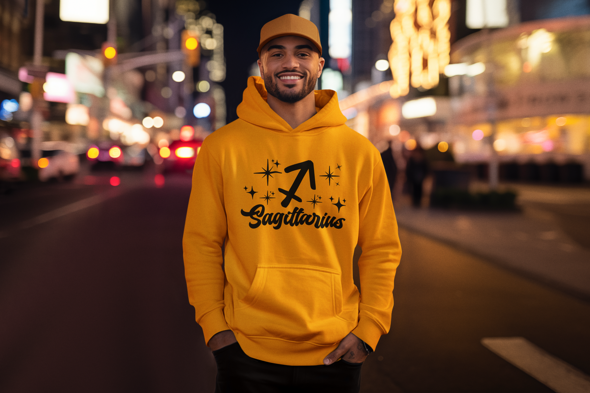 Person wearing a gold hoodie with 'Sagittarius' black design on a city street at night.
