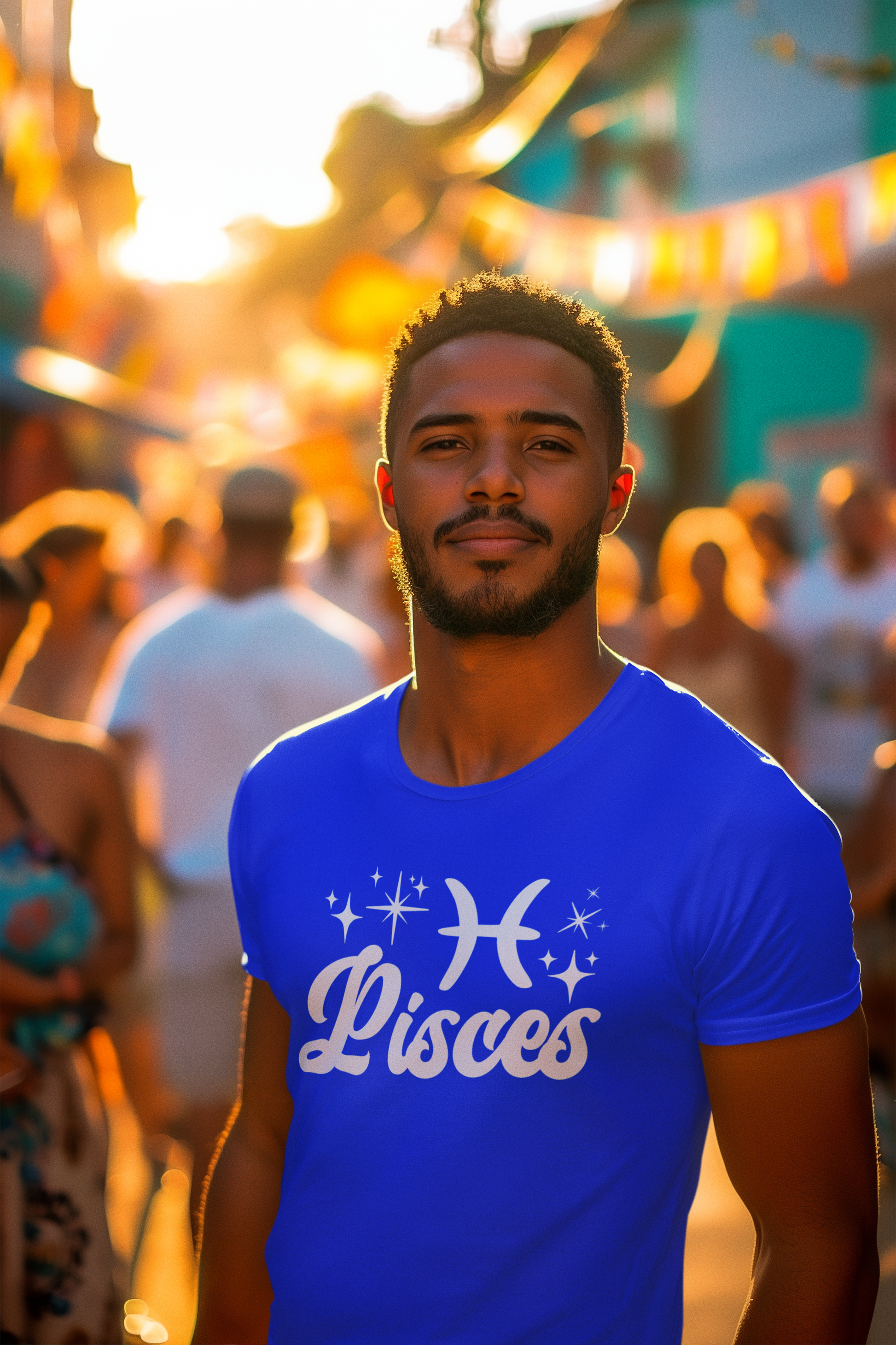 Man wearing a blue 'Pisces' white text design t-shirt at a street festival