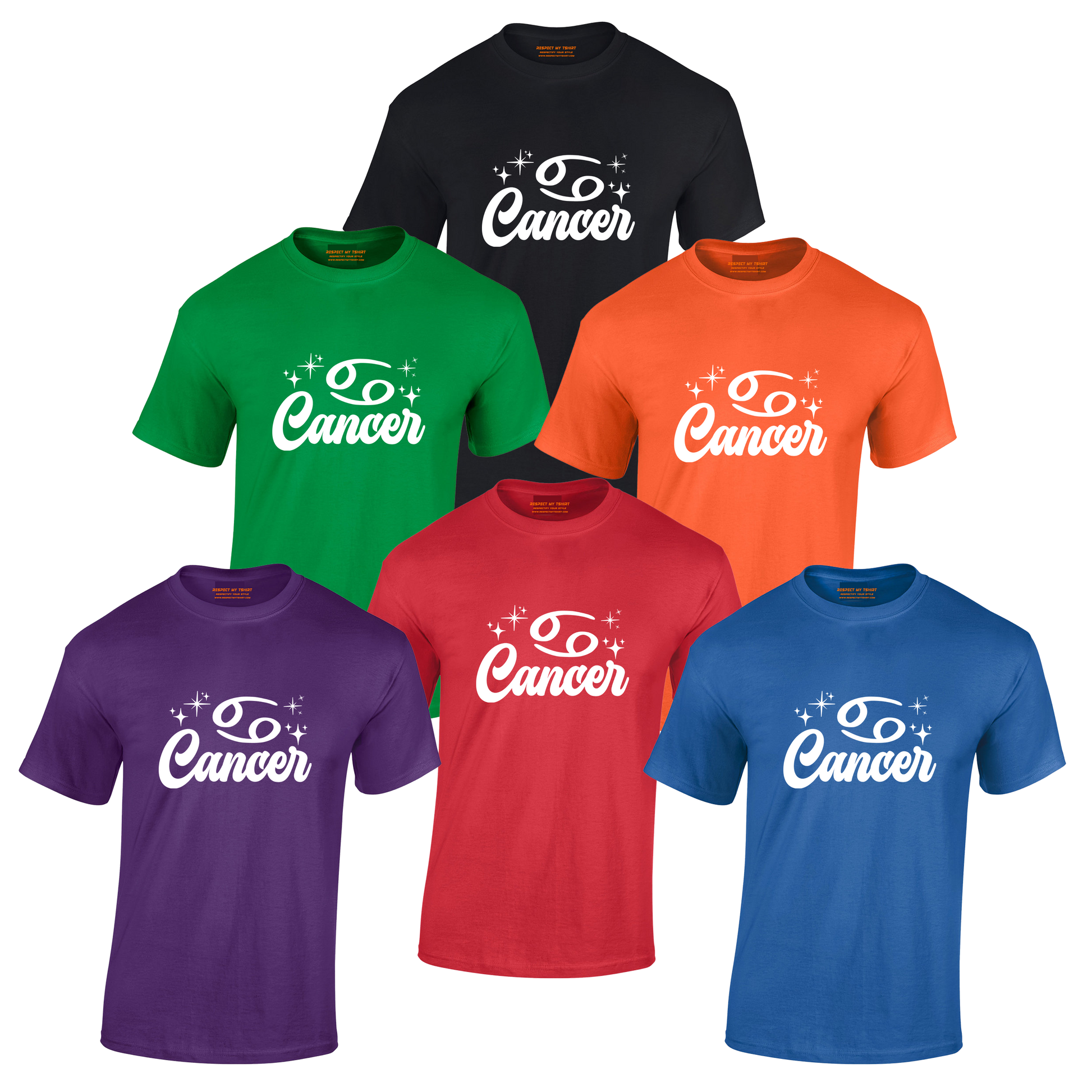 Set of six t-shirts in different colors with 'Cancer' white text design 