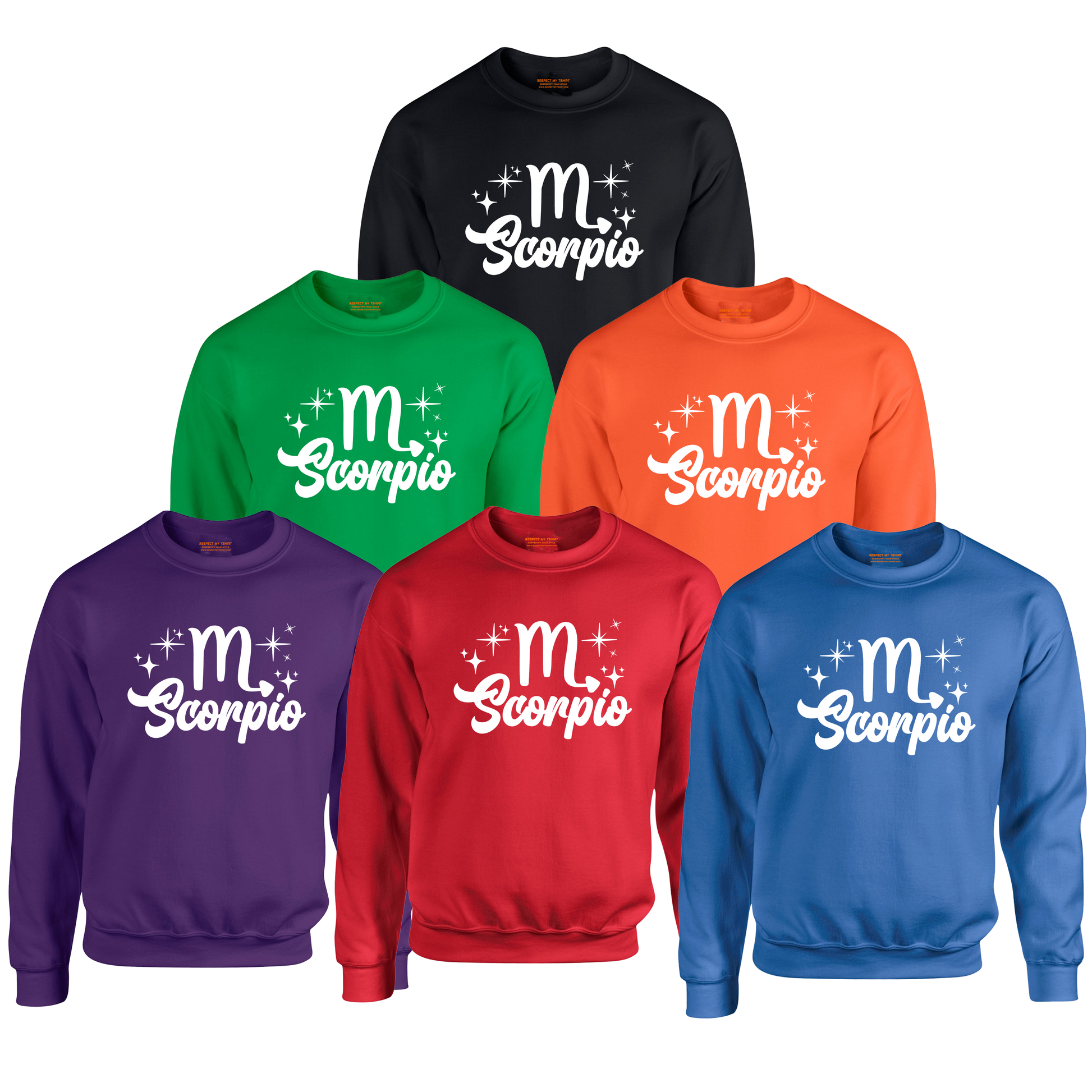 Set of six sweatshirts in different colors with 'Scorpio' white text design.