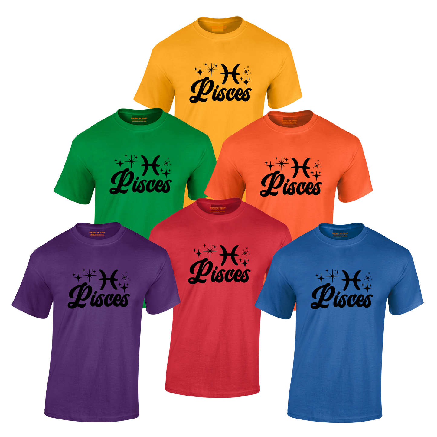Set of six T-shirts in different colors with black 'Pisces' text and zodiac symbol.