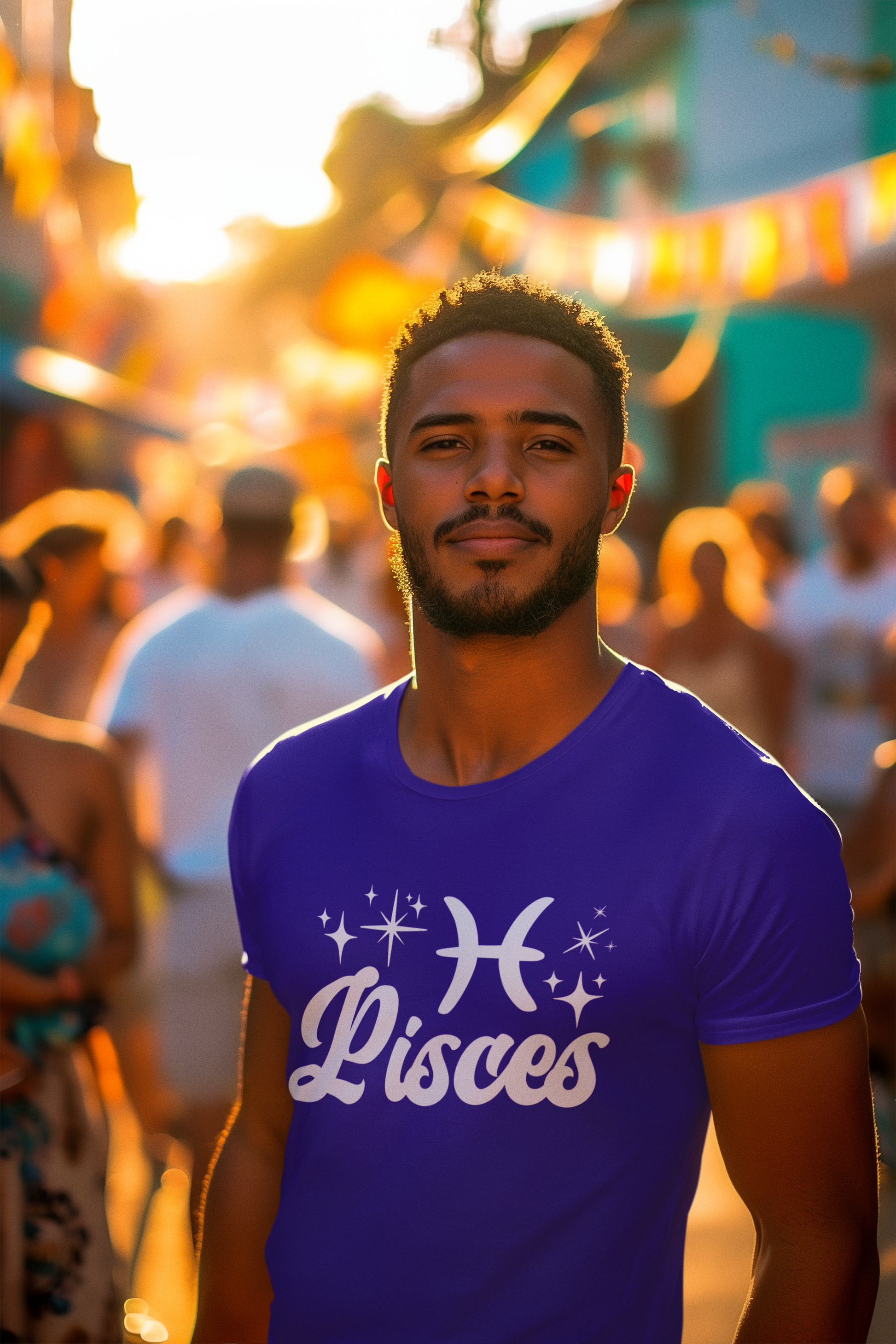 Man wearing a purple 'Pisces' white text design t-shirt at a street festival