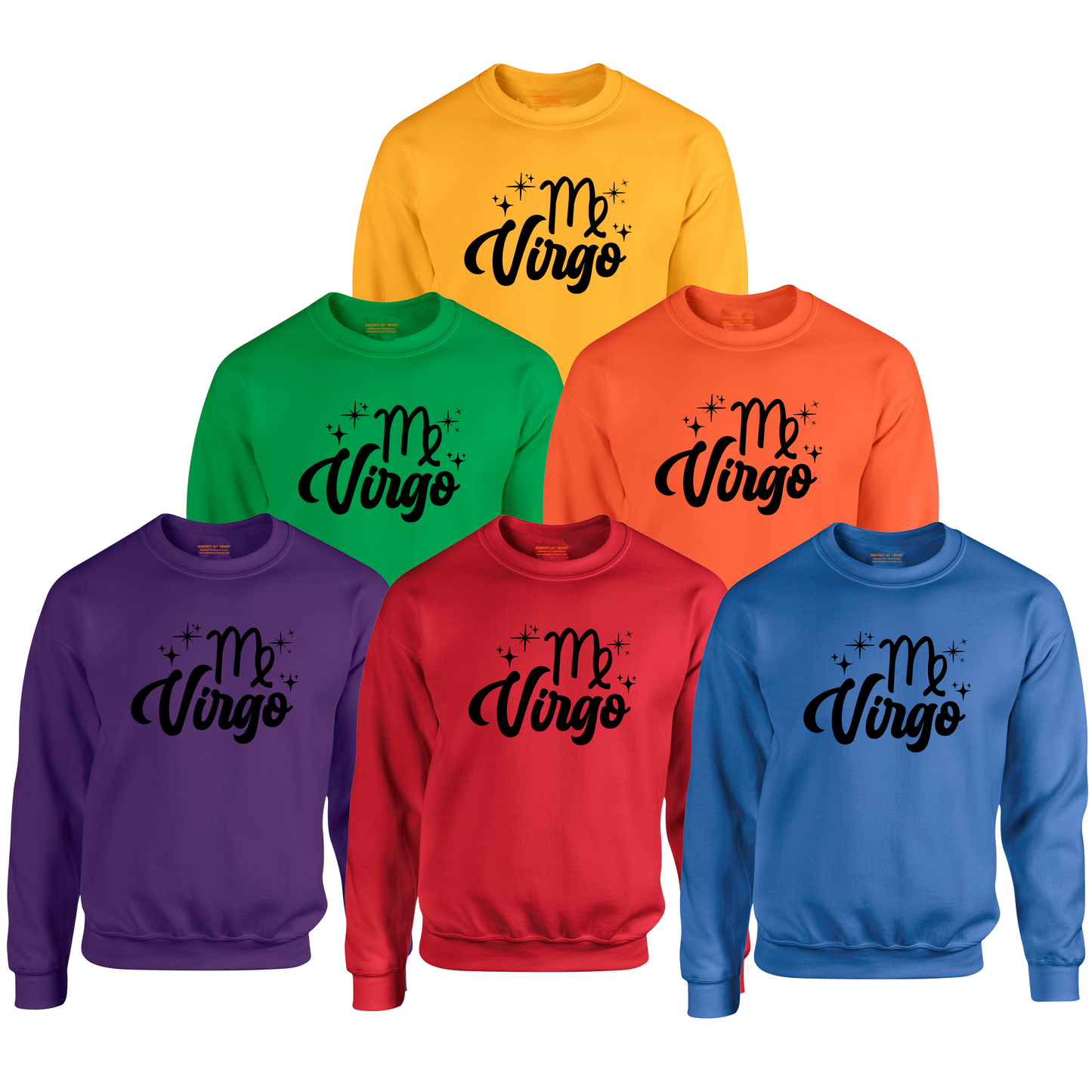 Set of six colorful sweatshirts with 'Virgo' black text design
