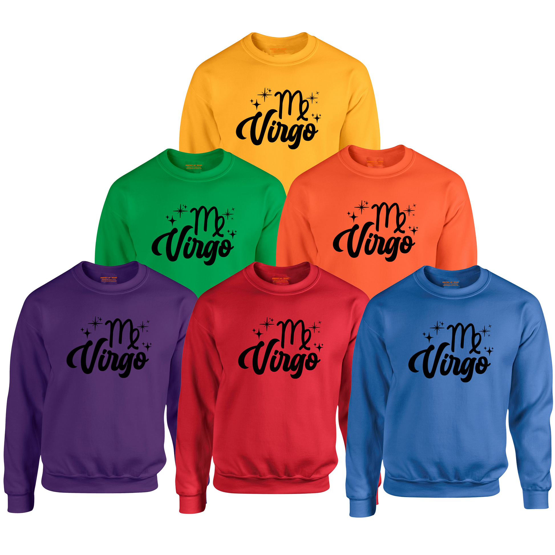 Set of six colorful sweatshirts with 'Virgo' black text design