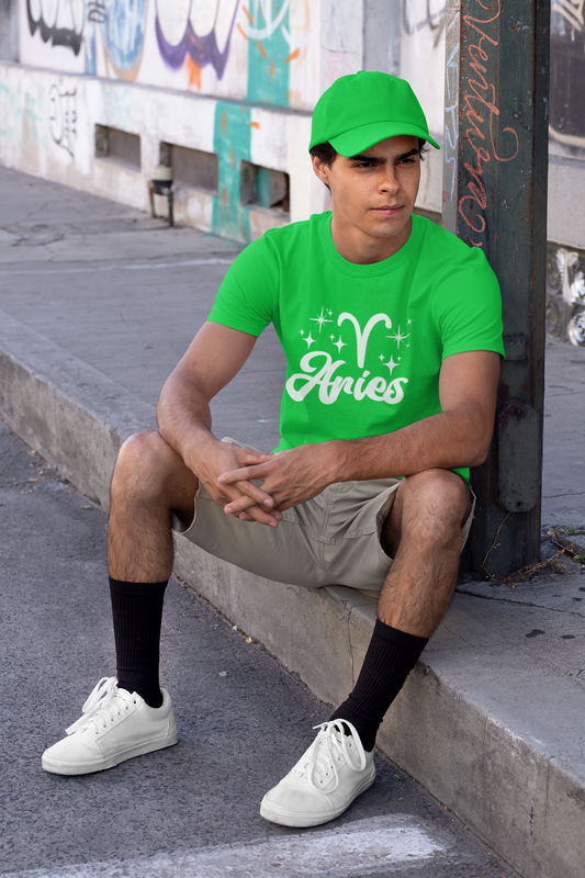 Person wearing a green 'Aries' white text design t-shirt sitting on a sidewalk.