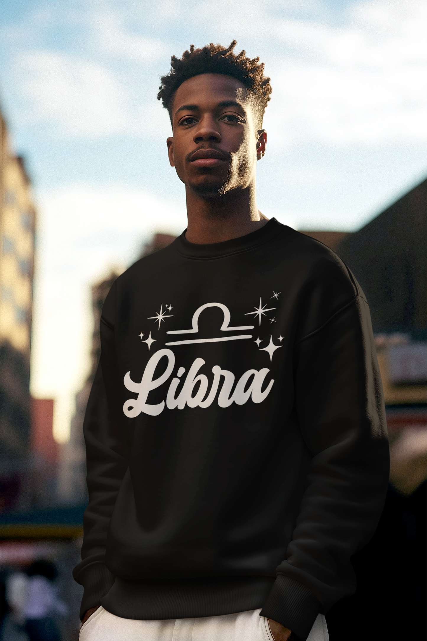 Person wearing a black sweatshirt with 'Libra' white text design outdoors