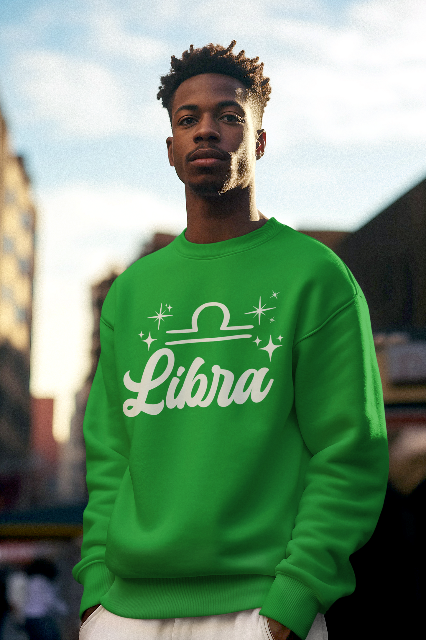 Person wearing a green sweatshirt with 'Libra' white text design outdoors