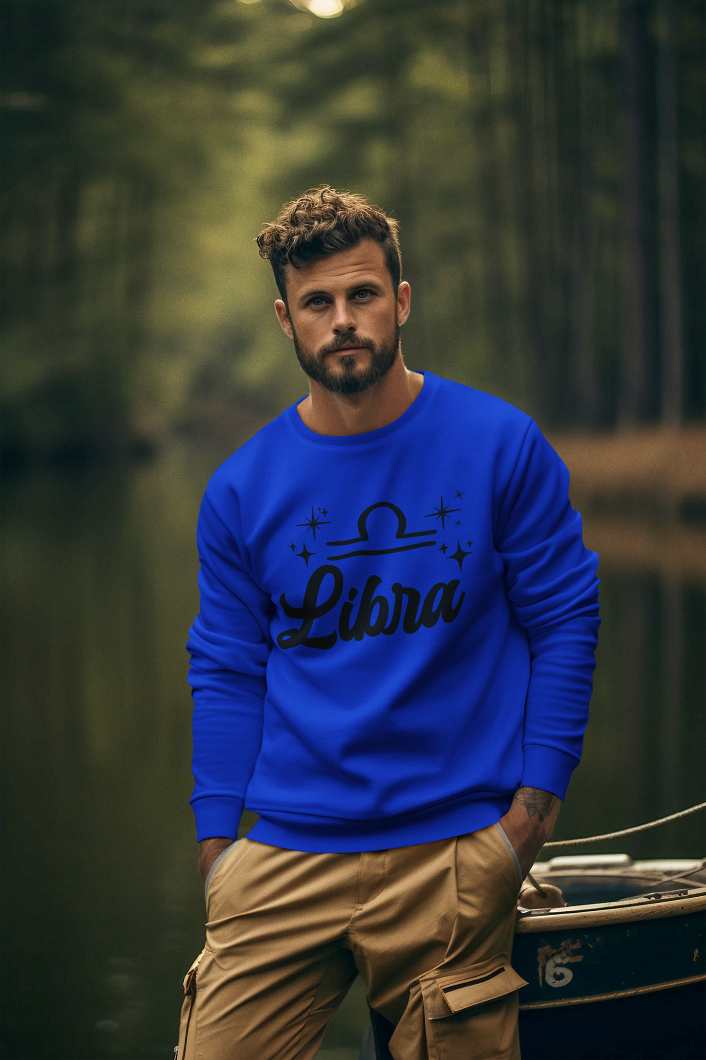 Man wearing a blue 'Libra' black text design sweatshirt in a lake setting