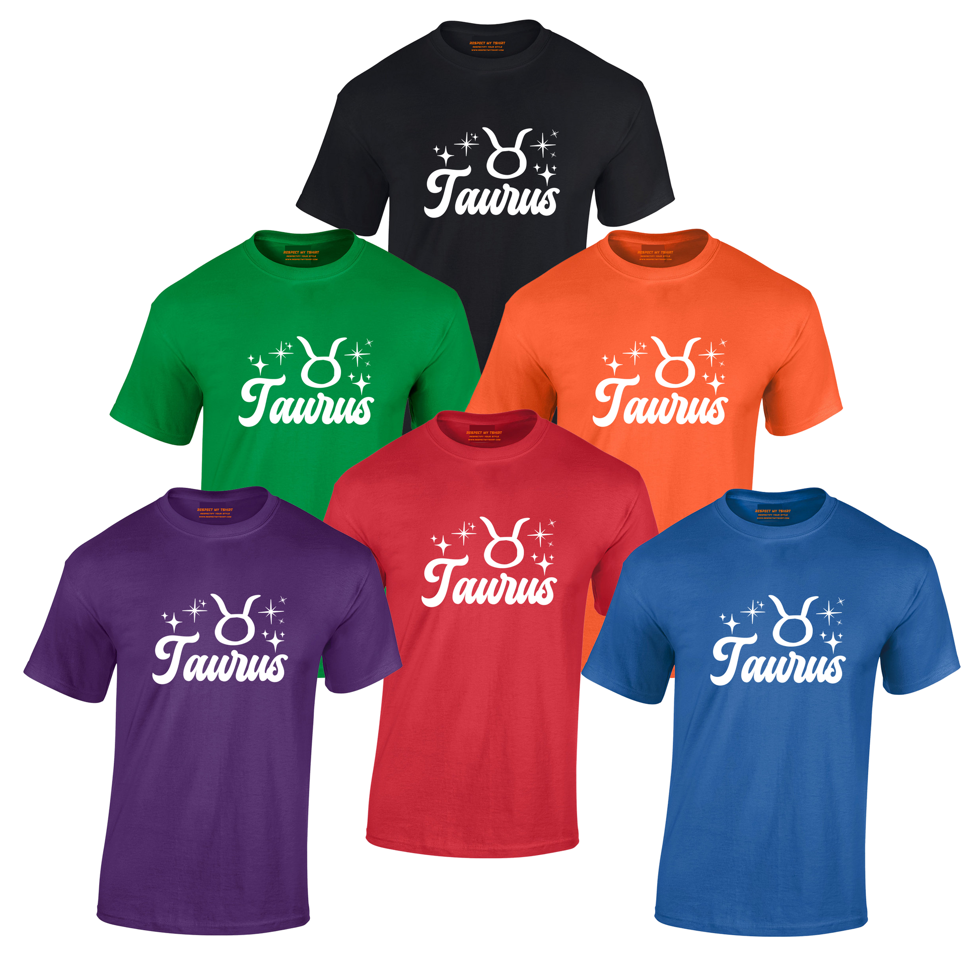 Collection of Taurus-themed t-shirts in various colors white text design