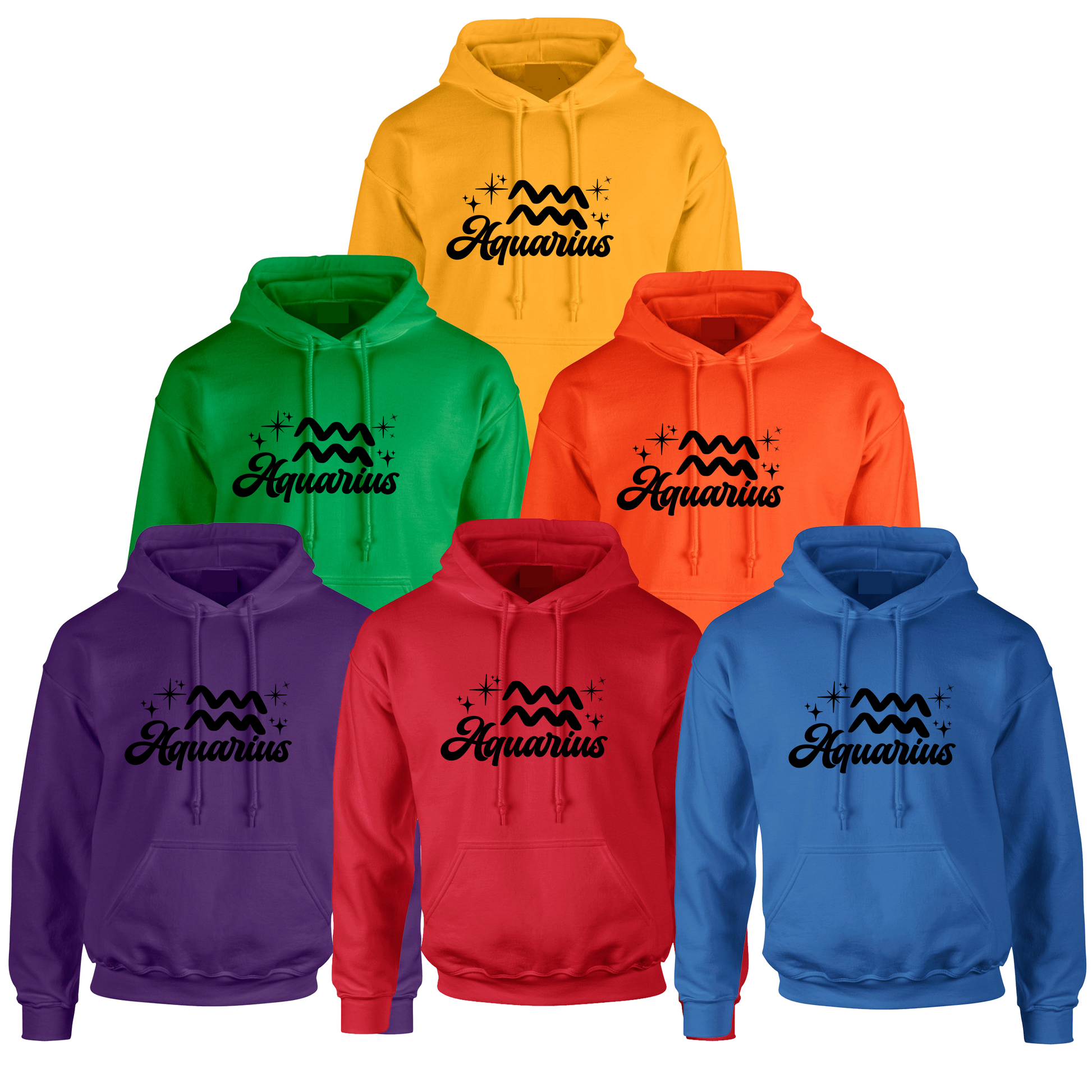 Set of six colorful hoodies with 'Aquarius' with zodiac symbol black text design