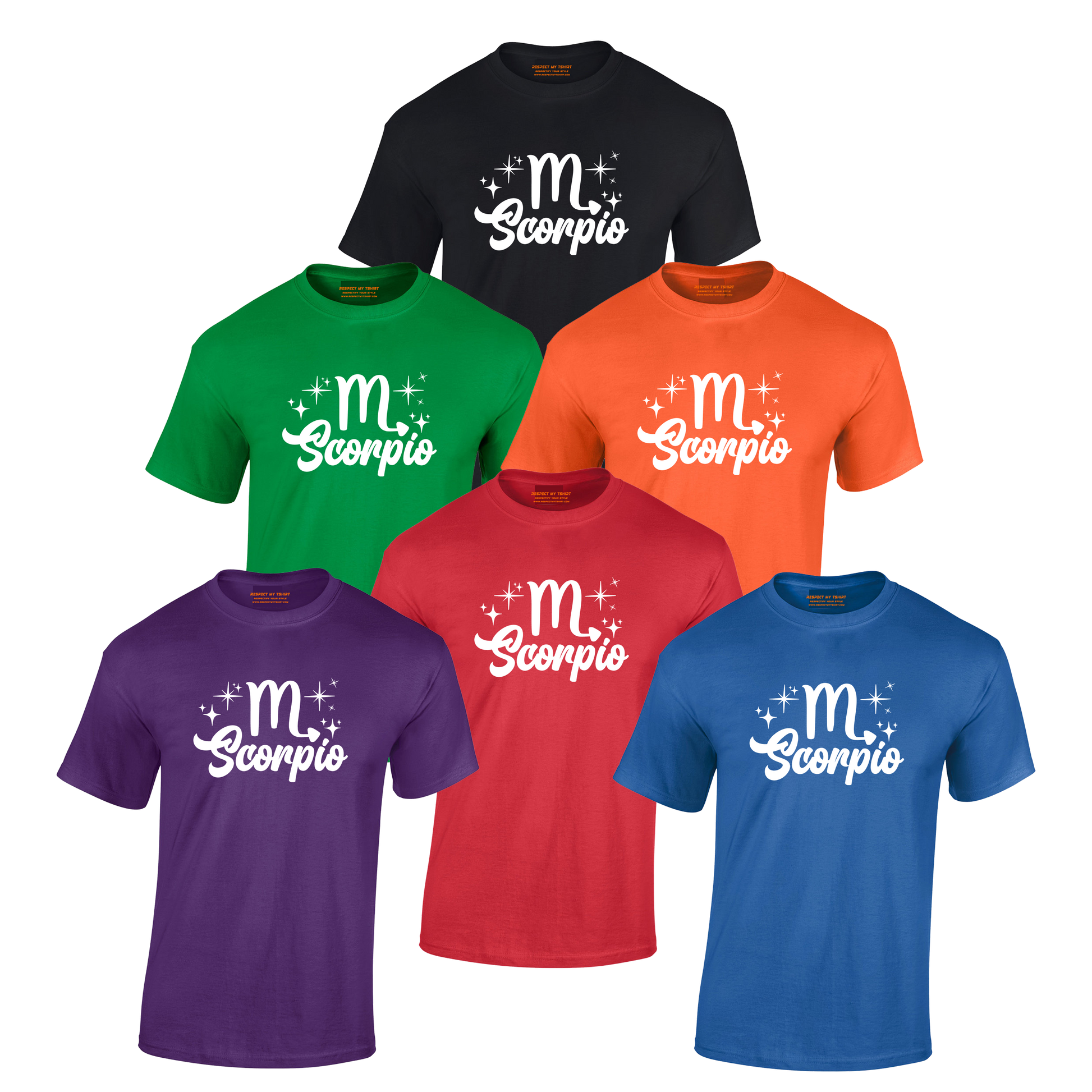 Six t-shirts in different colors with 'Scorpio' white text design