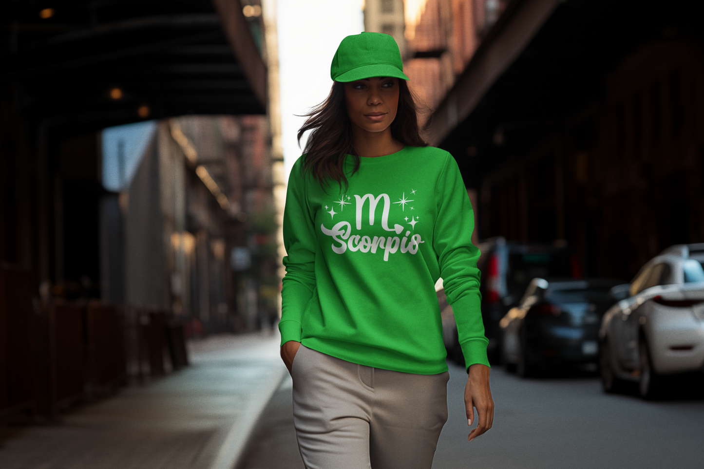 Person wearing a green sweatshirt with 'Scorpio' white text design walking on a street.
