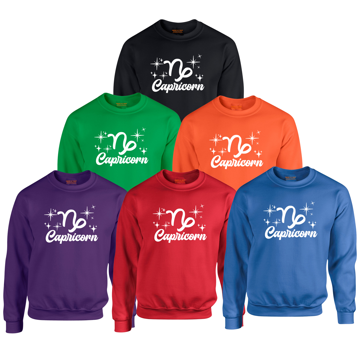 Collection of Capricorn-themed sweatshirts in various colors, white text design