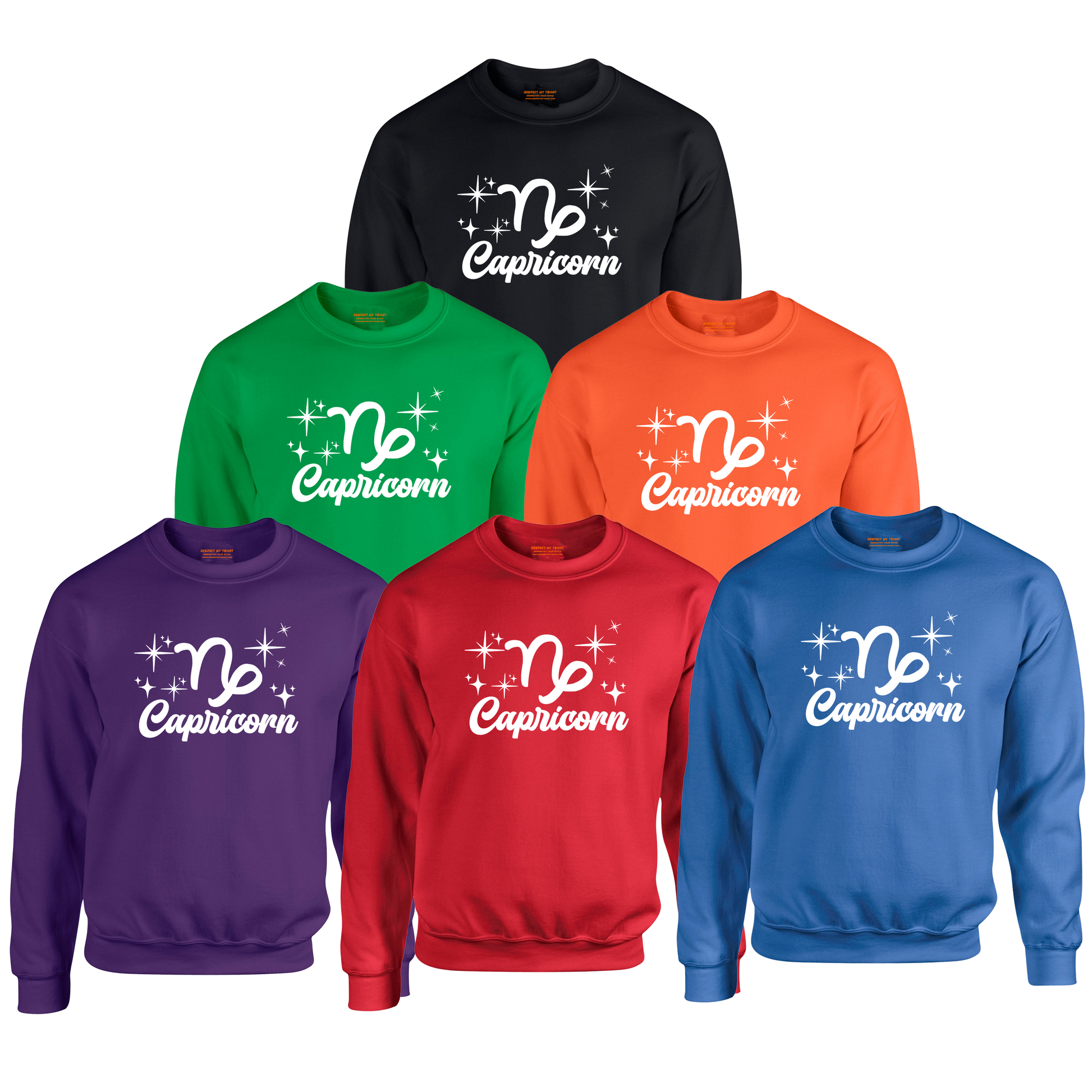 Collection of Capricorn-themed sweatshirts in various colors, white text design