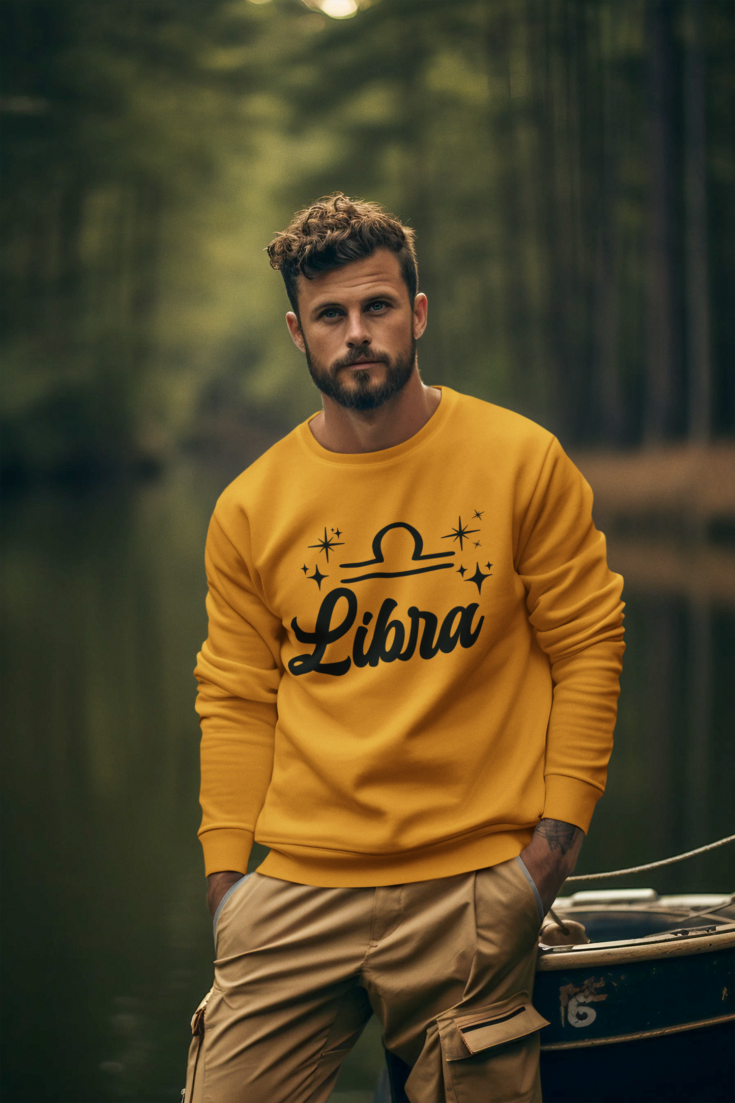 Man wearing a gold 'Libra' black text design sweatshirt in a lake setting