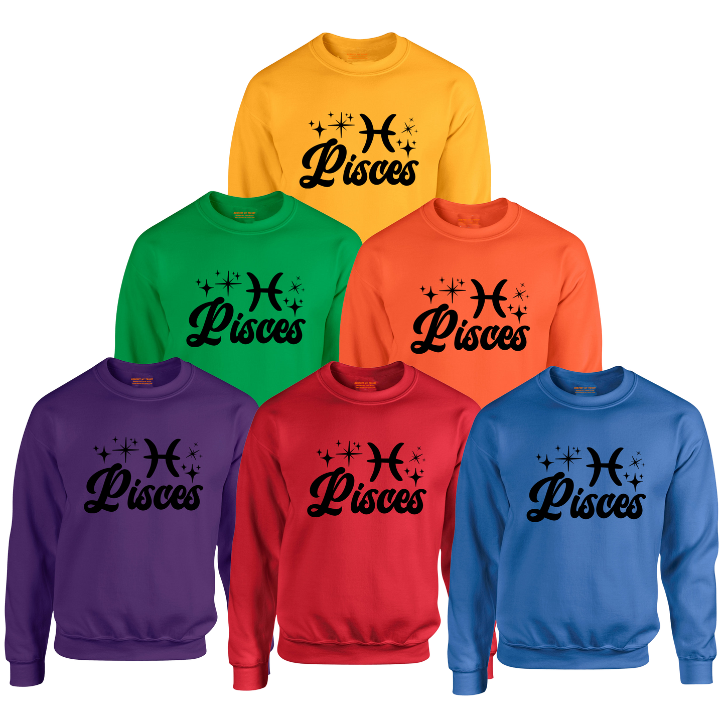 Set of six sweatshirts in different colors with 'Pisces' black text design 