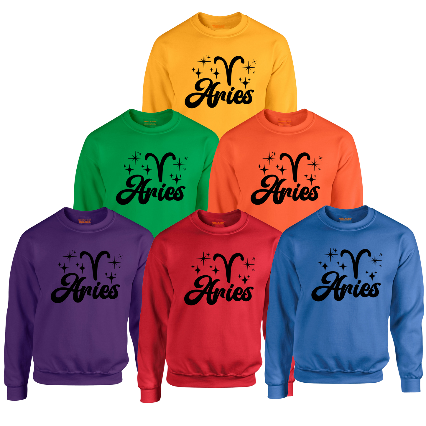 Set of six sweatshirts in different colors with 'Aries' black text and zodiac symbol.