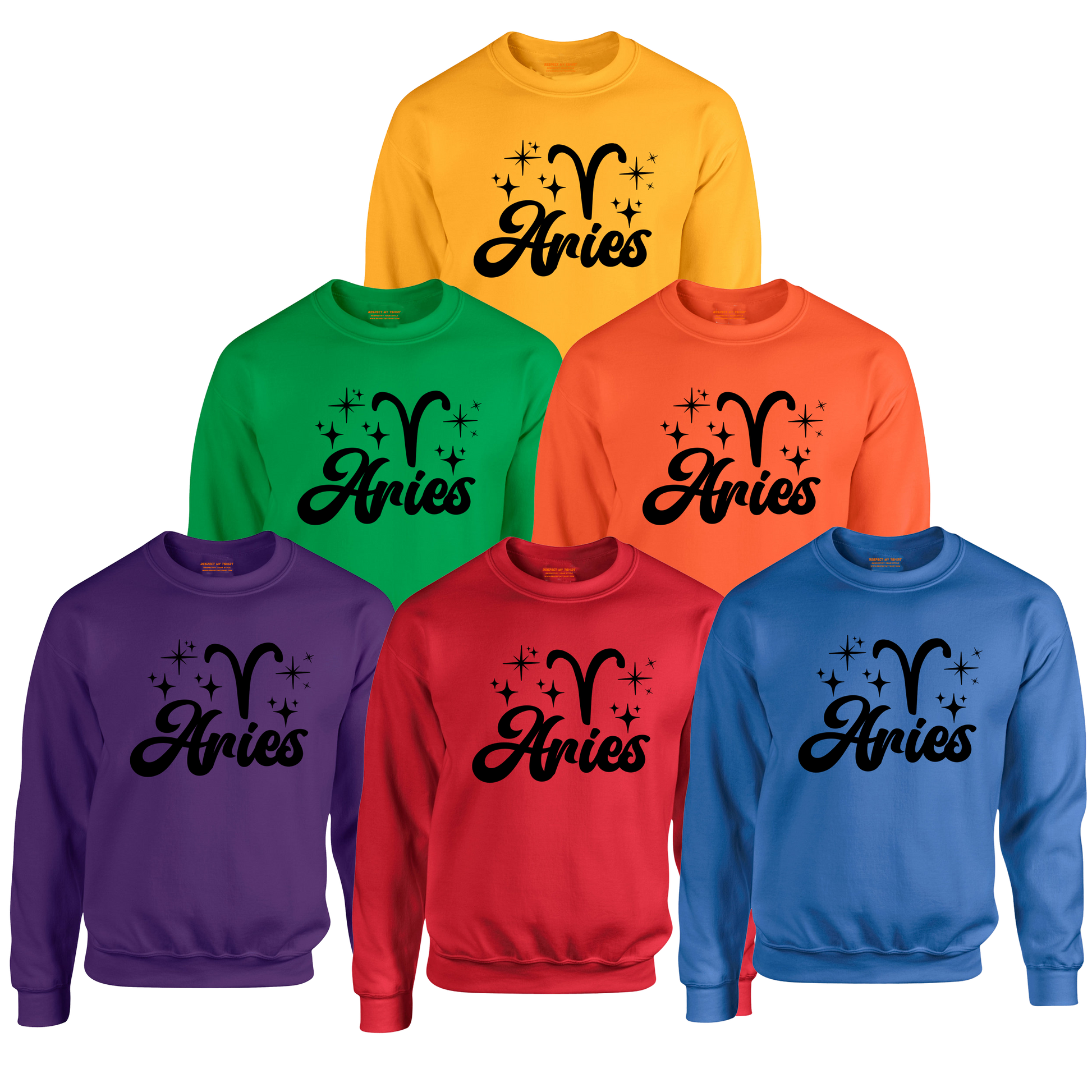 Set of six sweatshirts in different colors with 'Aries' black text and zodiac symbol.