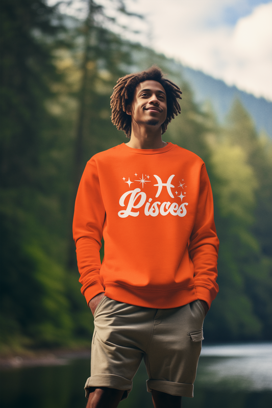 Person wearing an orange 'Pisces' white text design sweatshirt in a forest setting