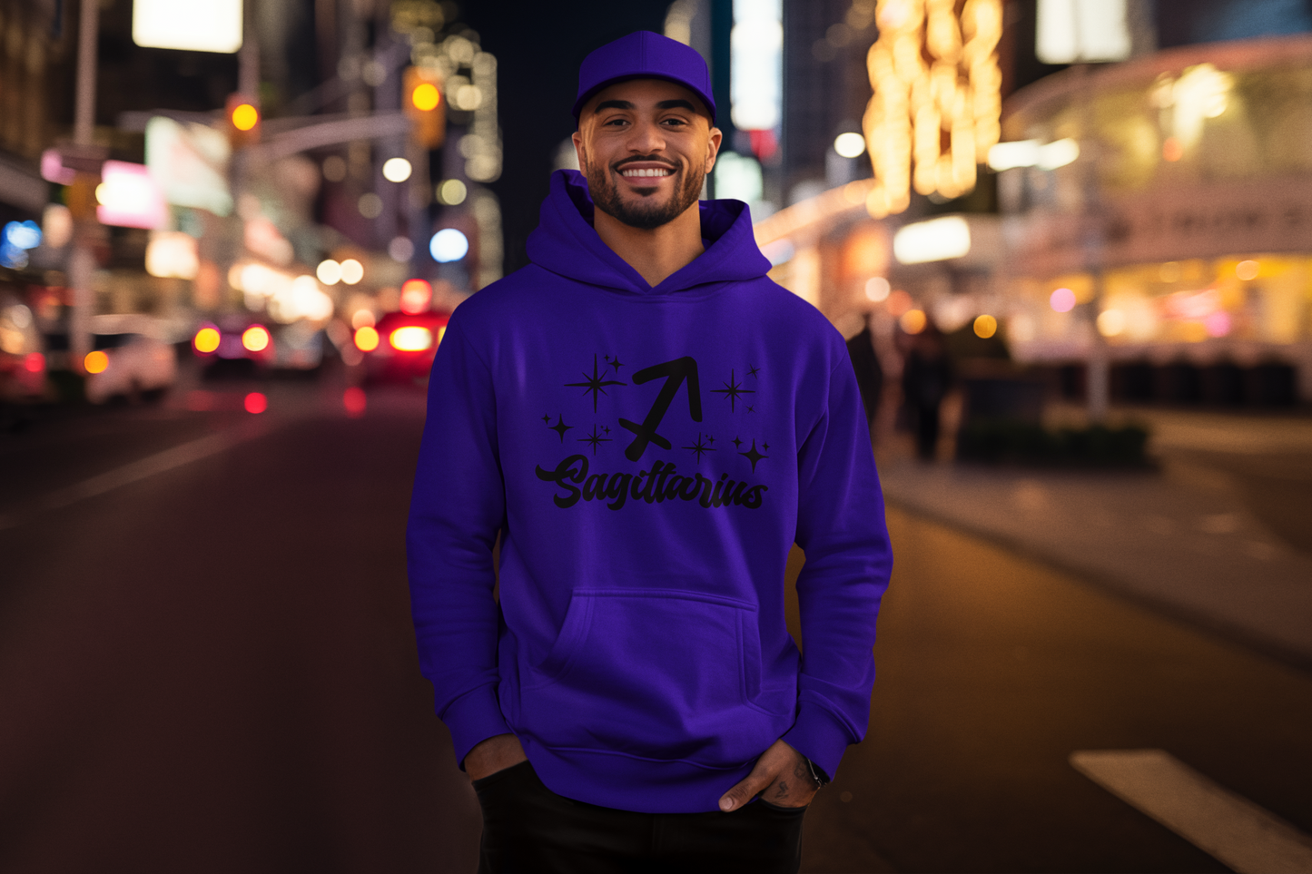 Person wearing a purple hoodie with 'Sagittarius' black design on a city street at night.