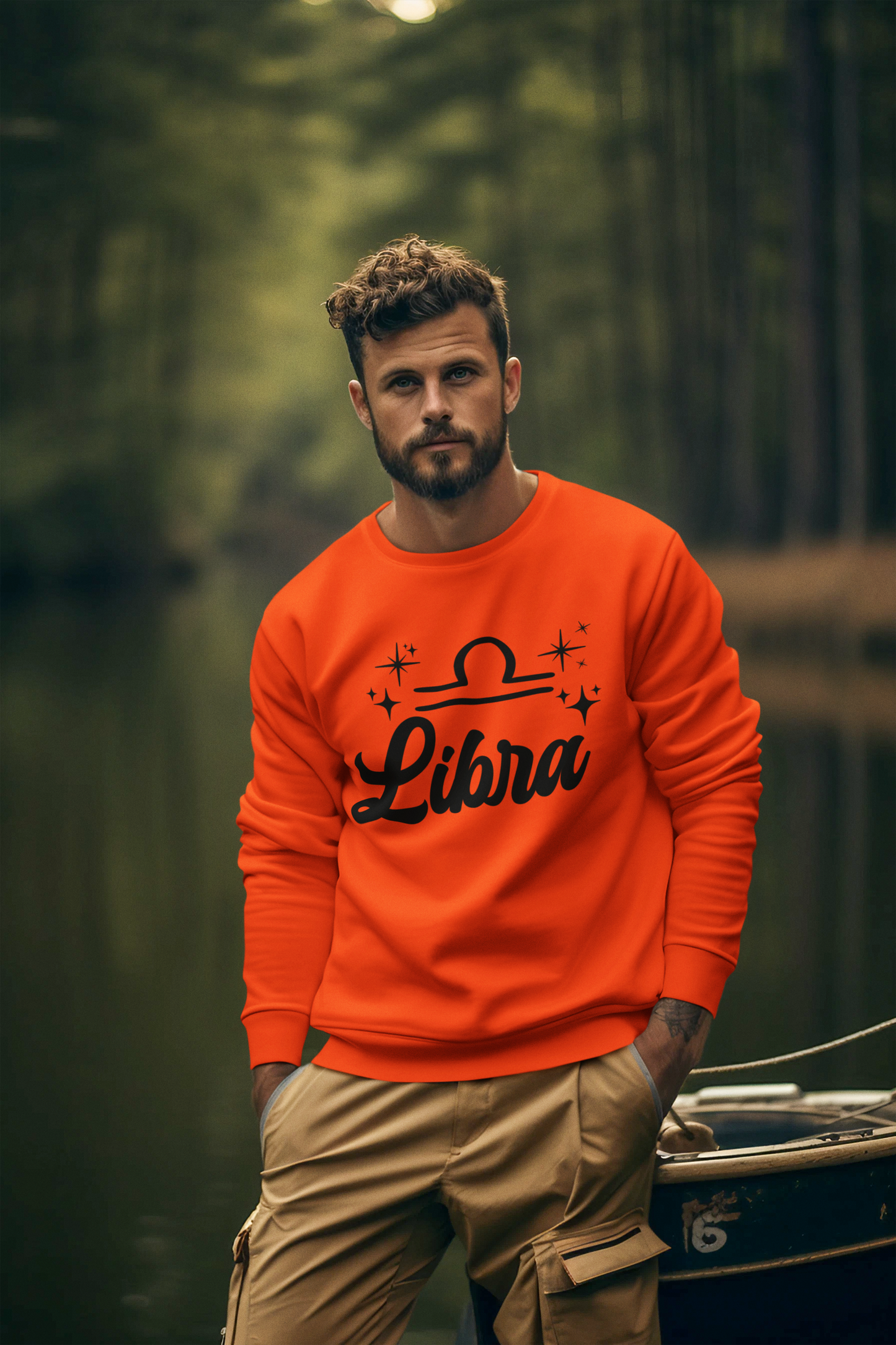 Man wearing a orange 'Libra' black text design sweatshirt in a lake setting