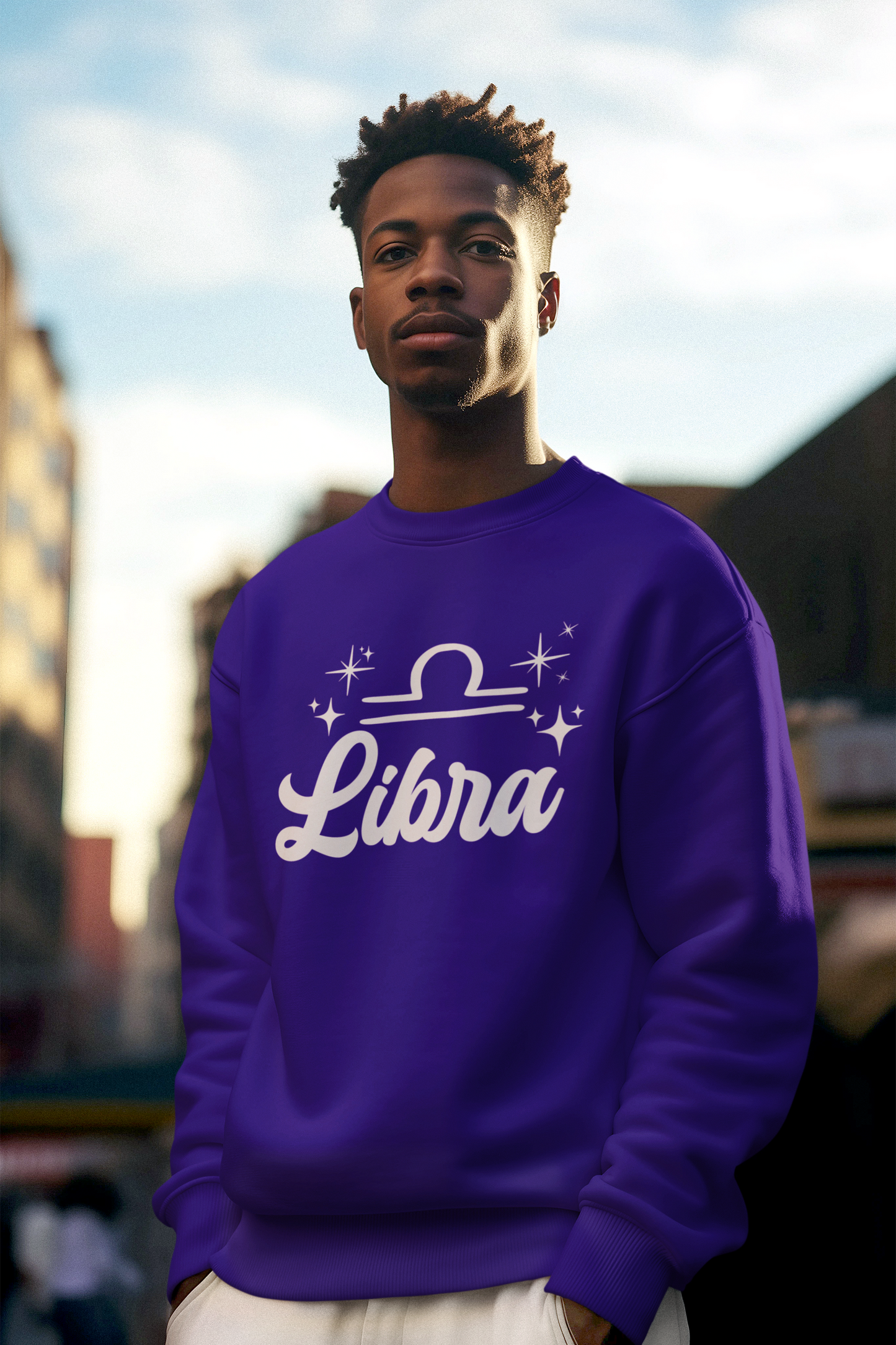 Person wearing a purple sweatshirt with 'Libra' white text design outdoors