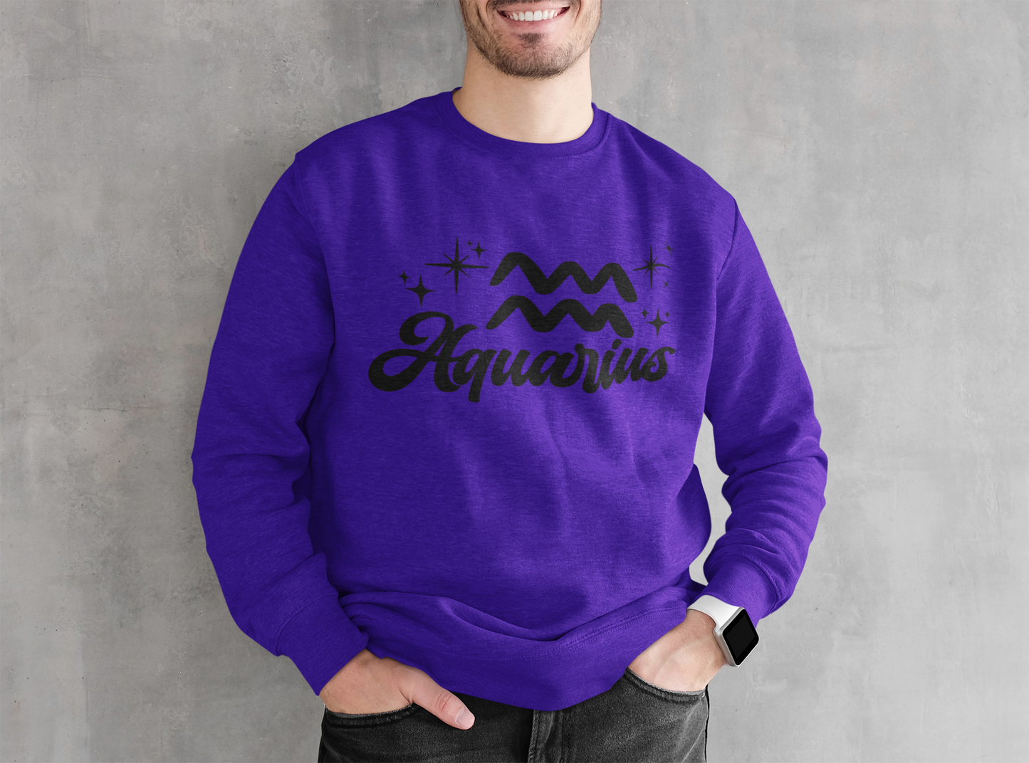 Person wearing an purple sweatshirt with 'Aquarius' black text design against a gray background