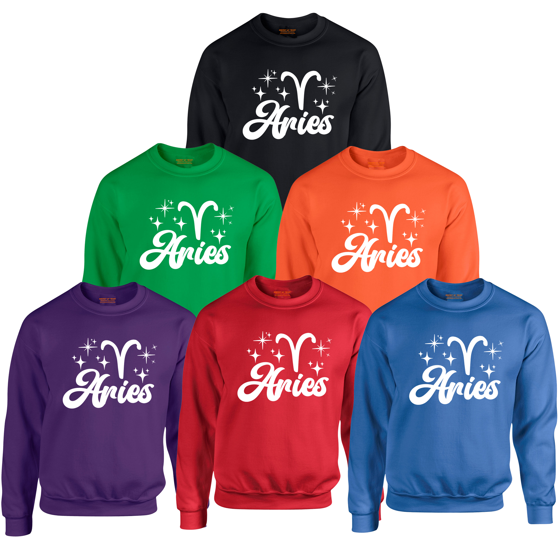 Set of six sweatshirts in different colors with 'Aries' white text and zodiac symbol.
