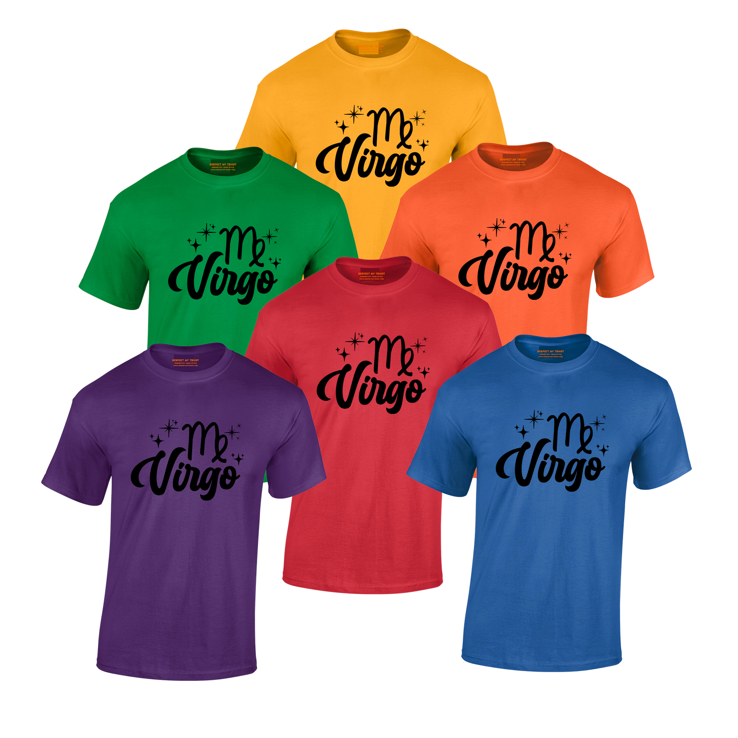 Set of six t-shirts in different colors with 'Virgo' black text 